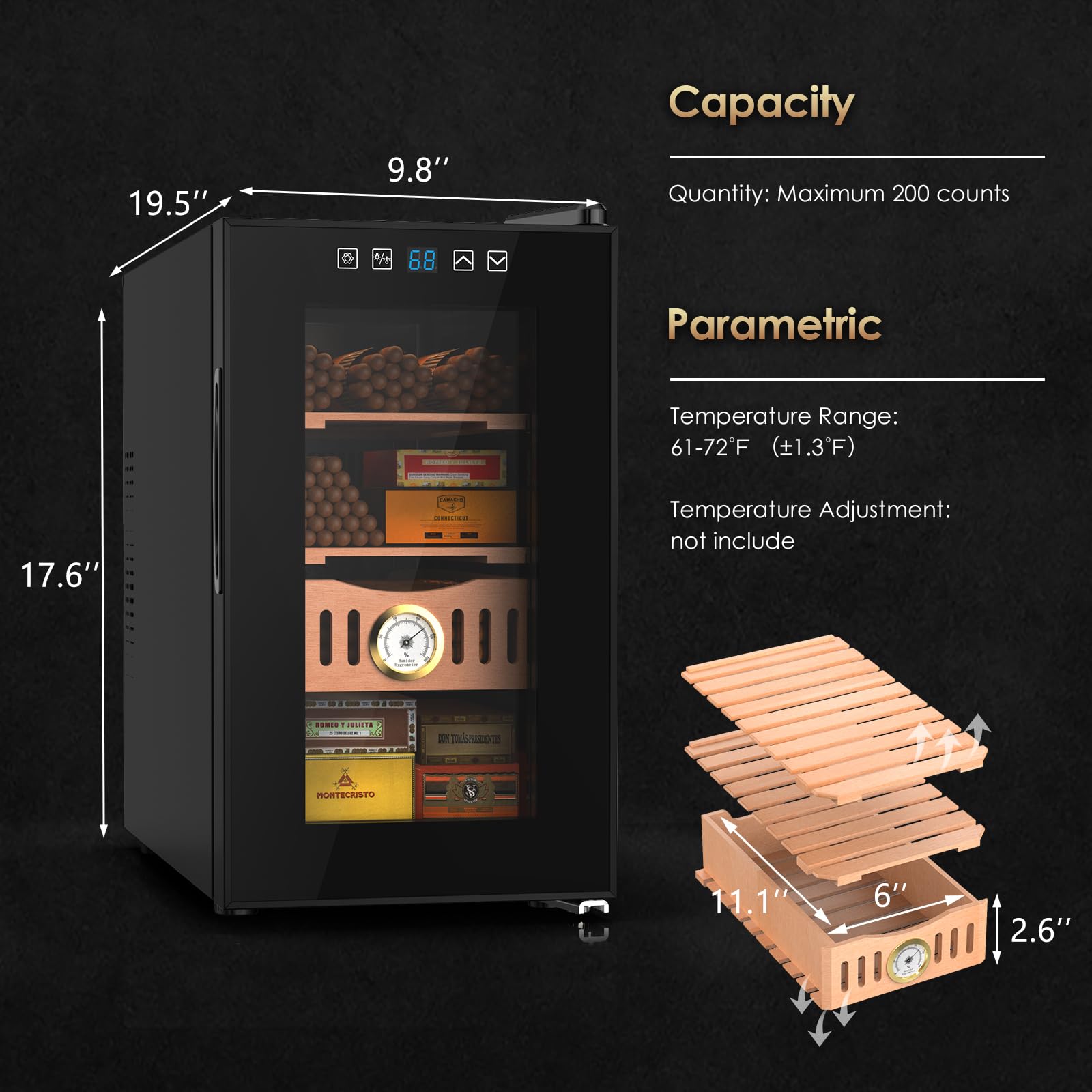25L Electric Humidity Control Cabinet with Cooling & Temperature Control - 200 Count Capacity, Adjustable Shelves & Built-in Hygrometer - Perfect for Storing Cigars, Wine, Cheese, and Other Temperature-Sensitive Items