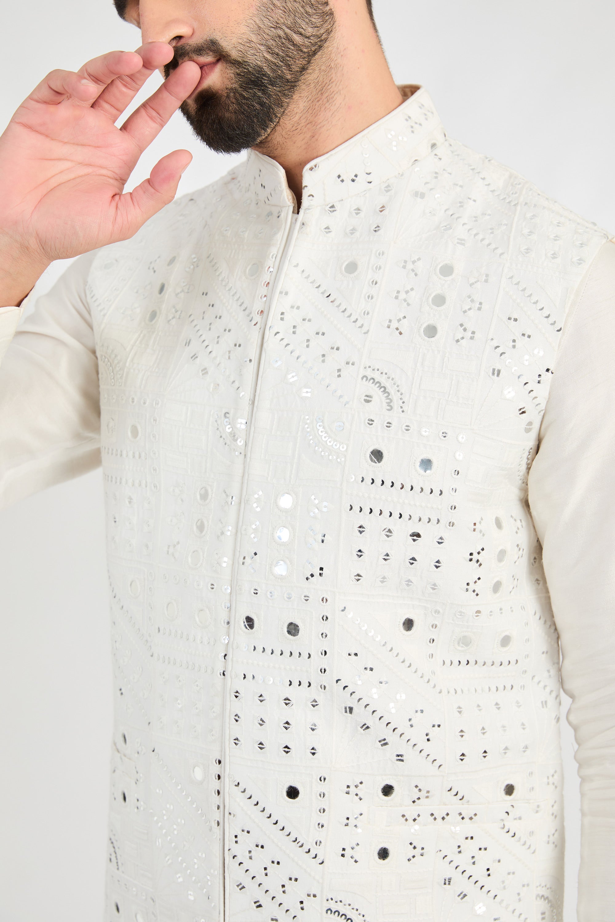 Ivory Abstract Mirror Work Jacket - Stylish Embroidered Boho Coat for Women | Perfect for Festivals, Parties & Boho Chic Outfits