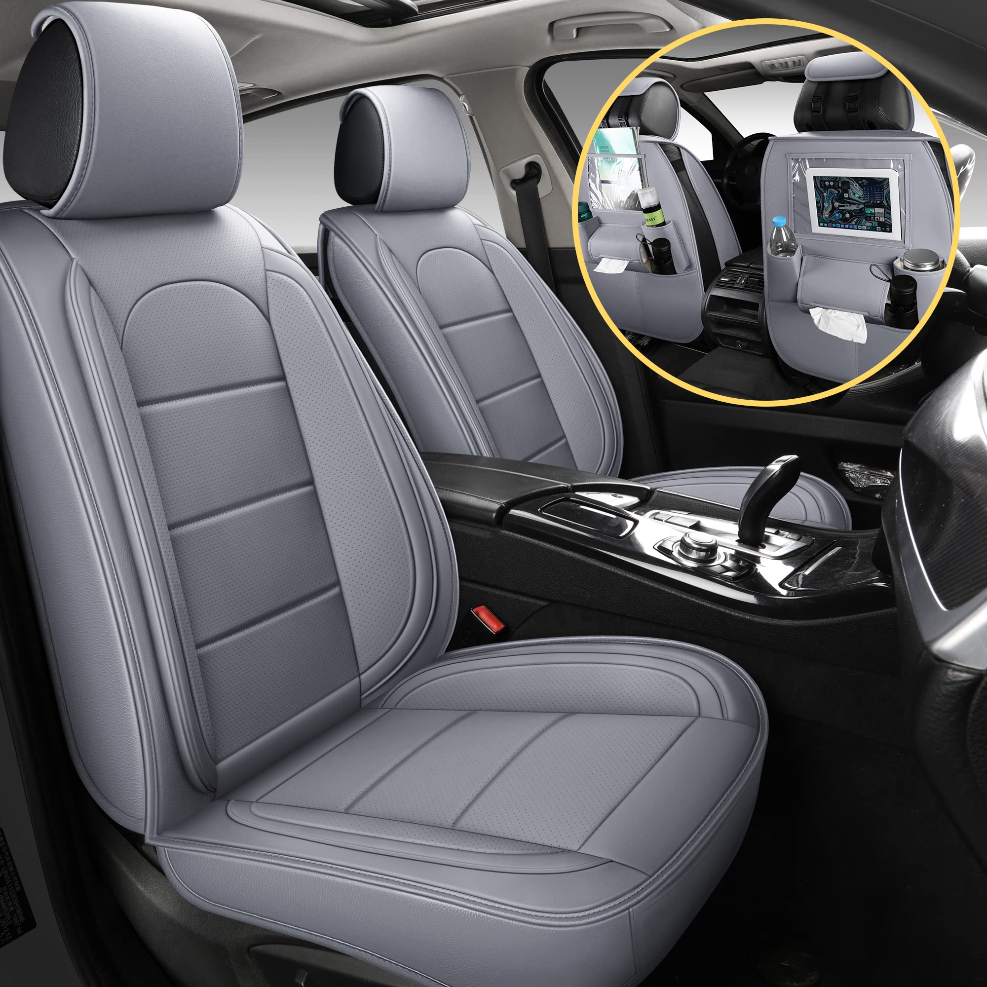 Premium AOOG Leather Car Seat Covers with Backseat Organizer - Universal Fit for Most Sedans, SUVs & Trucks (Full Set, Grey) - Protect & Upgrade Your Vehicle Interior for Daily Commute & Road Trips