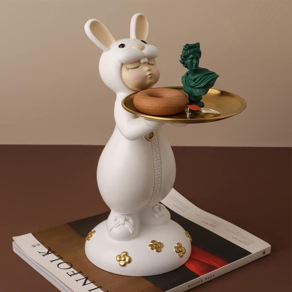 Stylish Ceramic Rabbit Girl Figurine with Round Metal Tray - Cute Animal Statue for Home Decor, Coffee Table Centerpiece & Entryway Key Organizer (Gray) - Perfect for Living Room, Bedroom & Office Desk Decorations