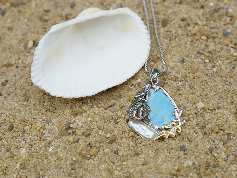 Mermaid and Pearl Beach Pendant Necklace - Unique Handmade Jewelry for Women | Perfect for Beach Vacations, Summer Outfits & Gift Giving
