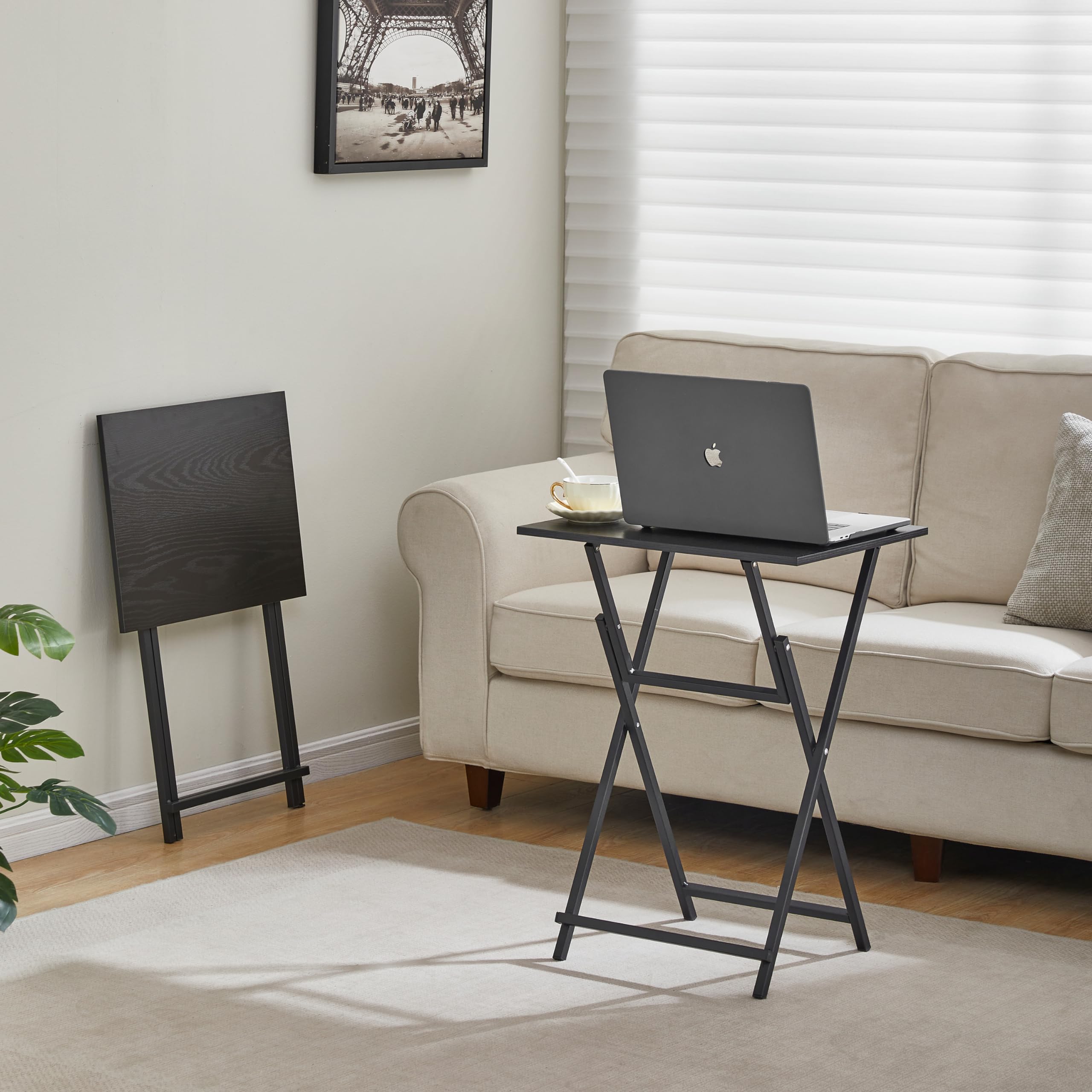 2-Pack Folding TV Tray Table Set - Portable Wooden Side Table for Sofa, Industrial Snack & Dinner Table - Space Saving End Table for Living Room, Bedroom, Office (Black) | Perfect for Movie Nights, Gaming Snacks & Small Space Dining