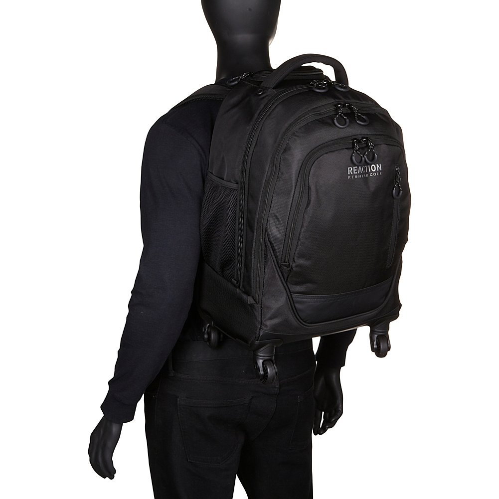 Kenneth Cole REACTION 17 Inch Polyester Laptop Backpack with Dual Compartments & 4-Wheel System - Black | Perfect for Business Travel, College & Commuting