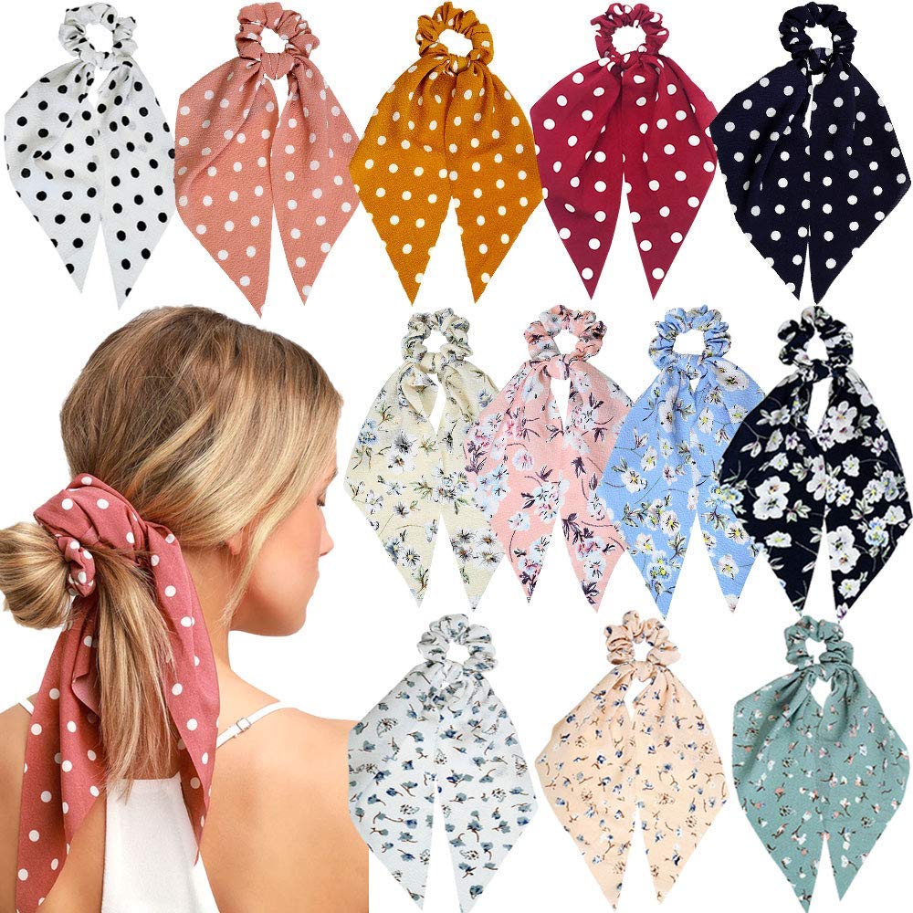 World Zone Enterprises Women & Girls Chiffon Floral Hair Scarf & Scrunchies Set - 12 Pcs Soft Hair Accessories for Ponytail, Bun & Headband Styling - Perfect for Weddings, Parties & Everyday Fashion