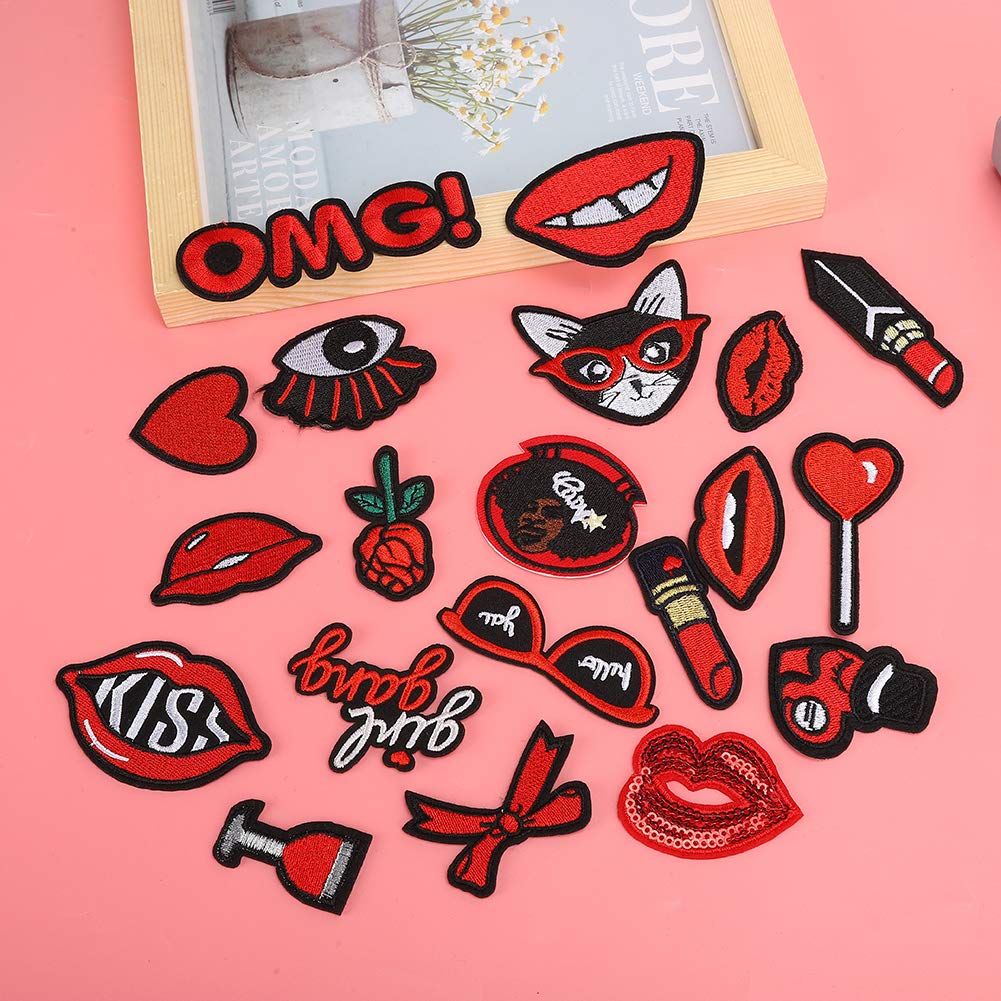 20pcs Lip Pattern Embroidery Patches - Iron On & Sew On DIY Badges for Jackets, Shirts, Hats - Perfect for Clothing Repair, Fashion DIY Crafts & Costume Accessories (Great for Parties, Cosplay & Personal Style Customization)