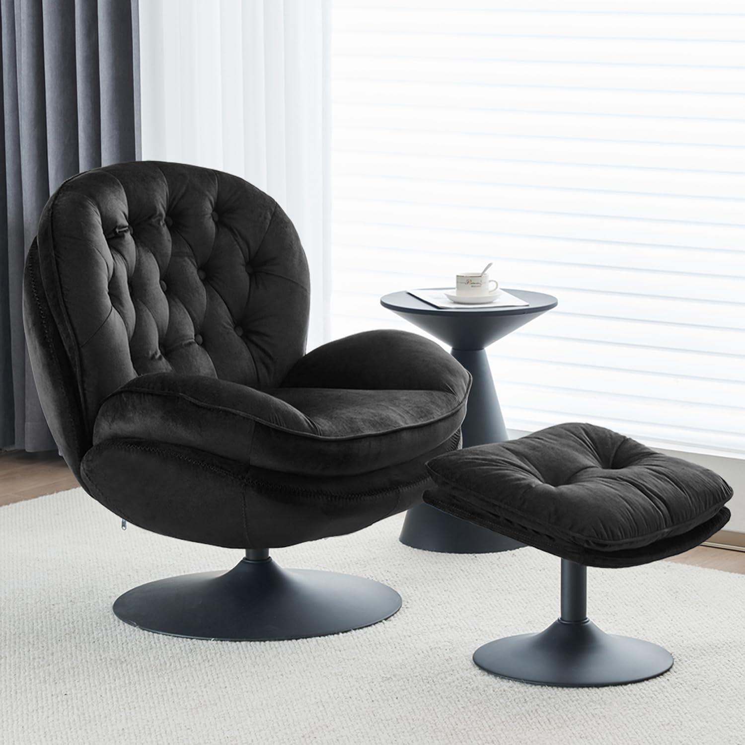 Velvet Swivel Accent Chair with Ottoman Set - Modern Tufted Armchair & Footrest for Living Room, Bedroom & Office - 360 Degree Rotating Lounge Chair for Reading, TV Watching & Relaxing - Soft Chaise Lounge Chairs for Adults (Black) - Perfect for Small Spaces, Apartments & Home Decor