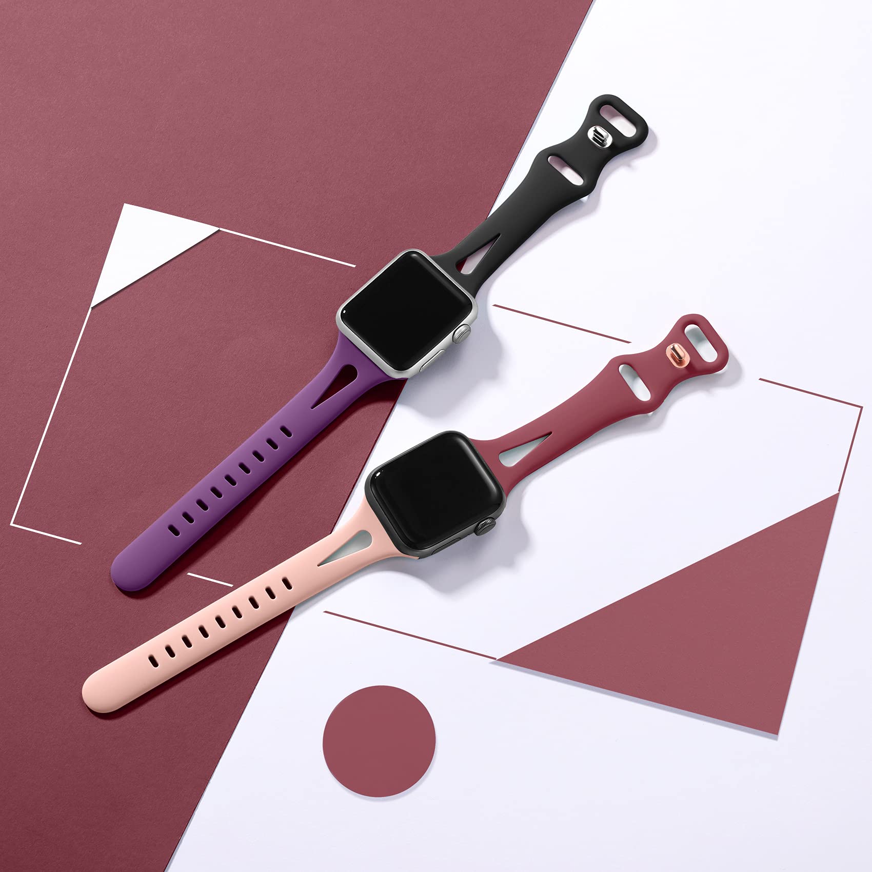 Getino Soft Silicone Sport Band Compatible with Apple Watch 42mm 44mm 45mm 46mm 49mm - for iWatch Series 1-10, SE & Ultra - Slim Comfortable Strap for Women & Men (Black/Purple/Pink Sand/Wine Red) - Perfect for Workouts, Running & Everyday Wear
