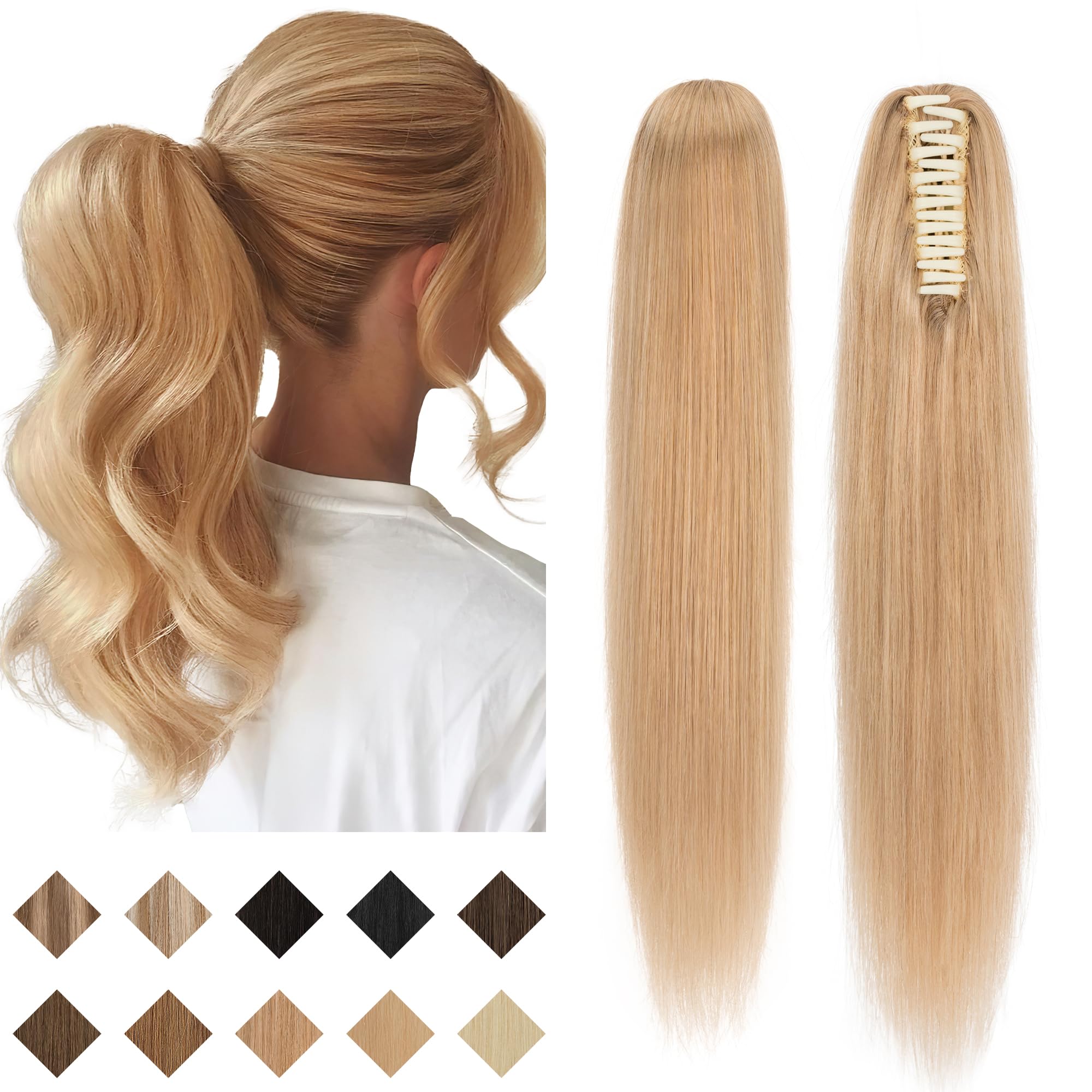 SEGO Clip in Ponytail Extension - 18 Inch Long Straight Human Hair Ponytail for Women - Dark Blonde 115g - Perfect for Parties, Weddings & Everyday Styling
