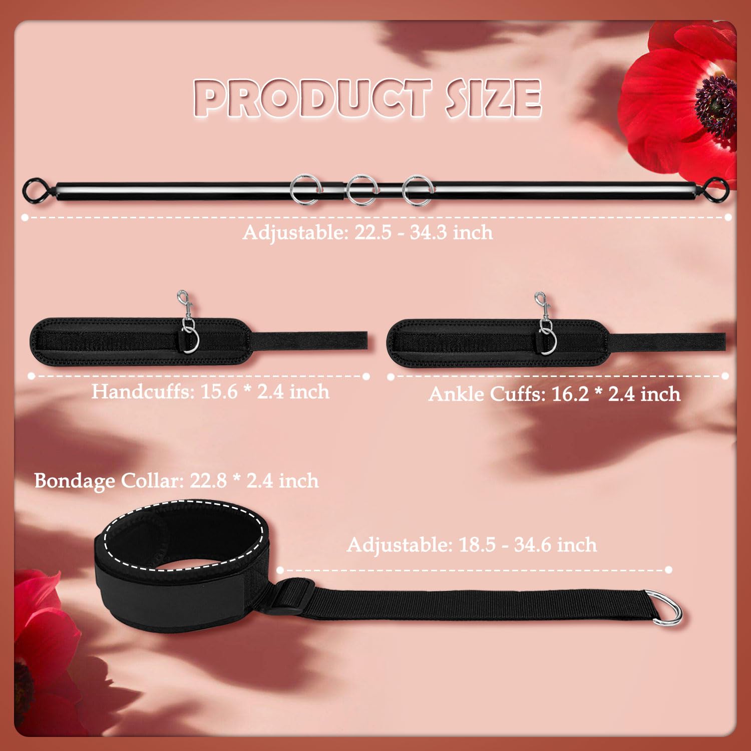Premium BDSM Restraint Kit - Adjustable Handcuffs, Ankle Cuffs & Neck Collar with Spreader Bar for Couples | Bondage Toys for Kinky Sex, Role Play & Sensory Play | Perfect for Bedroom Fun & Adult Playtime