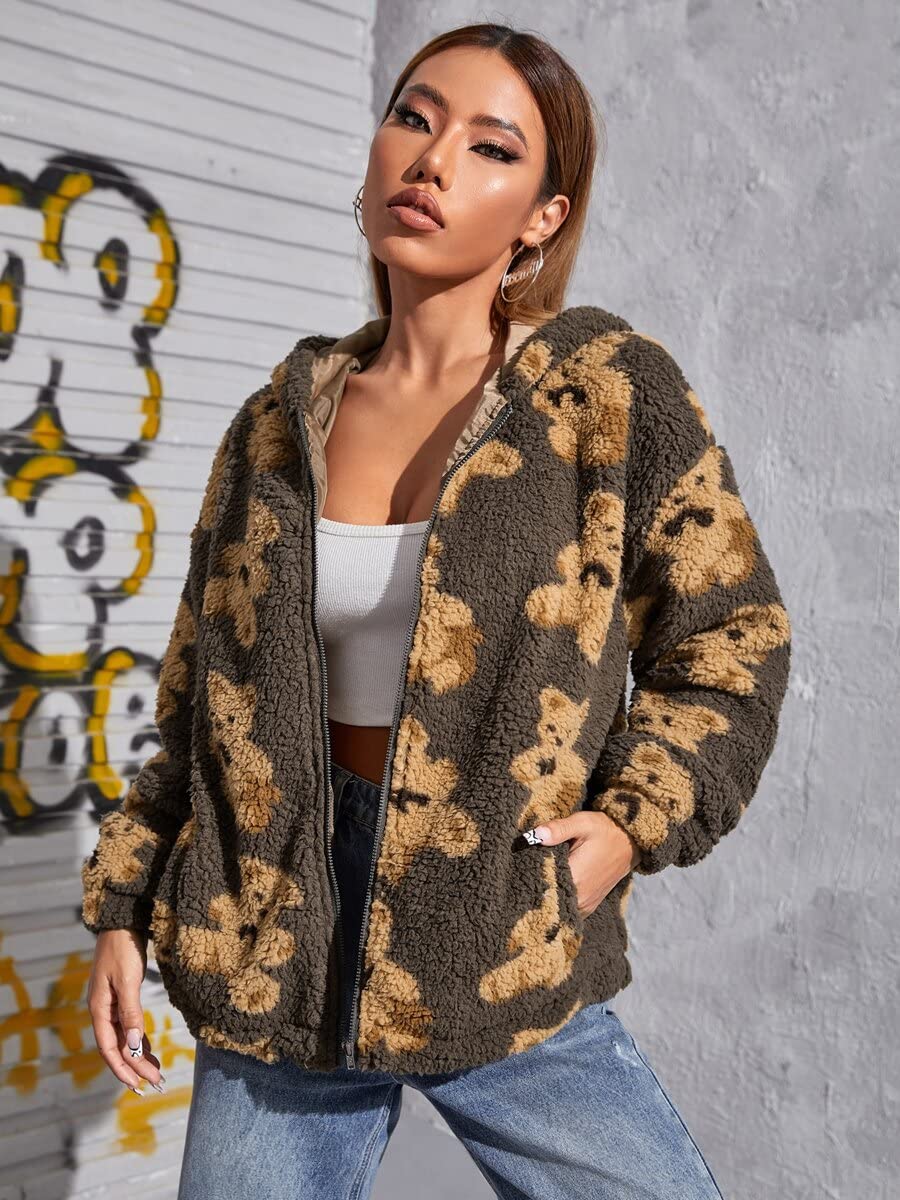 TINMIIR Women's Bear Print Drop Shoulder Zip Up Fleece Hoodie Sweatshirt - Cozy Winter Pullover for Casual Outfits & Loungewear (Multicolor, Size M)