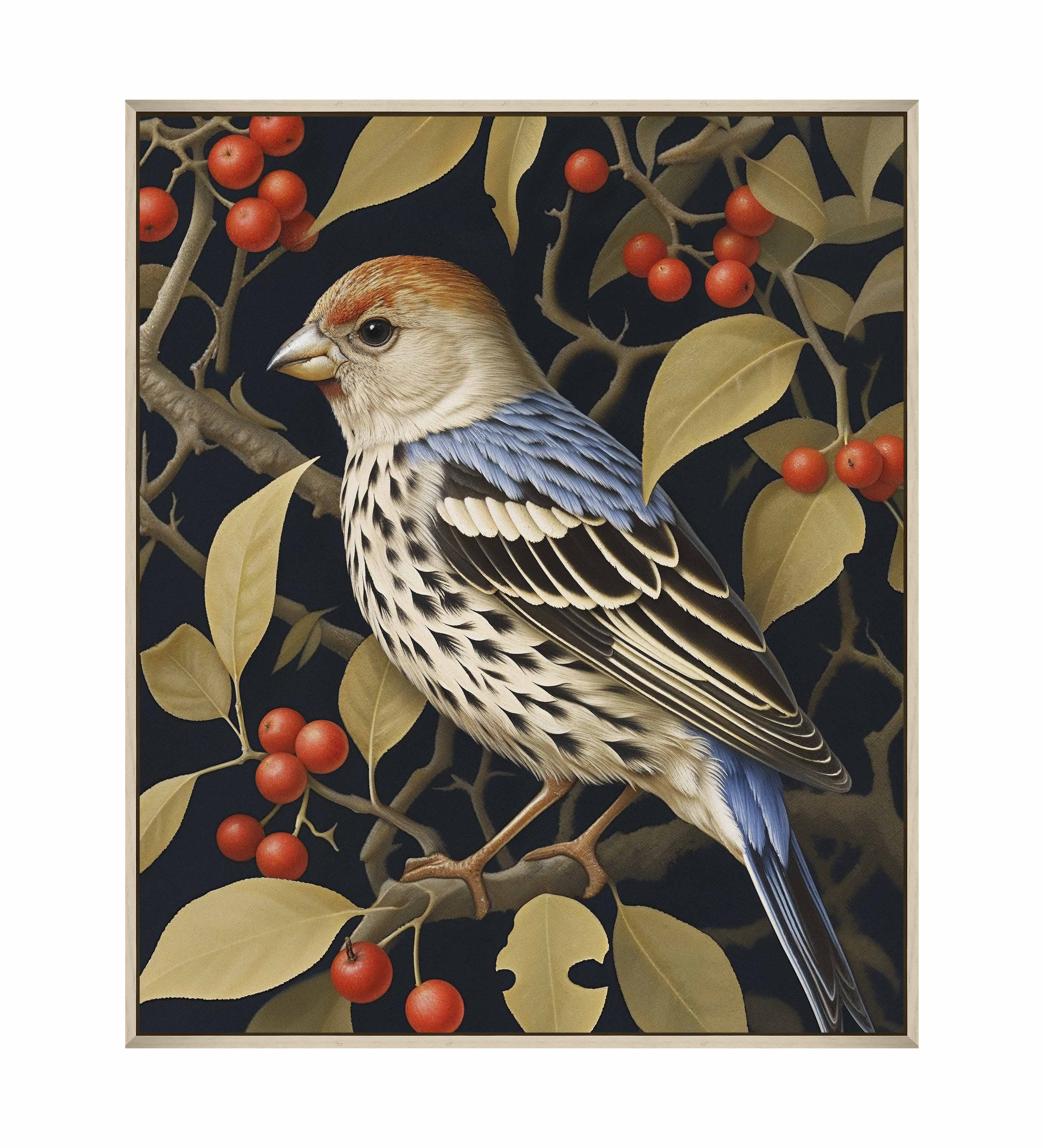 Autumn Sentinel Finch Amongst Berries Gallery Wrapped Canvas Wall Art - Vibrant Fall Decor for Living Room, Bedroom & Office