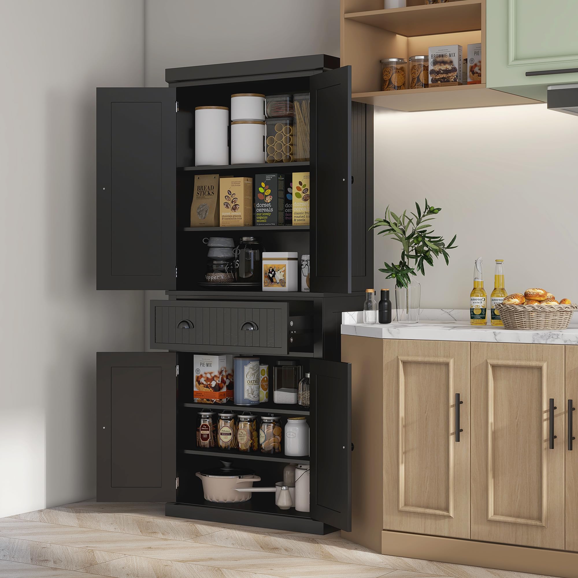 HOMCOM 72 Inch Traditional Kitchen Pantry Cabinet - Freestanding Tall Storage Cabinet with 4 Doors, Drawer & 3 Adjustable Shelves - Black - Perfect for Dining Room, Kitchen, or Pantry Organization
