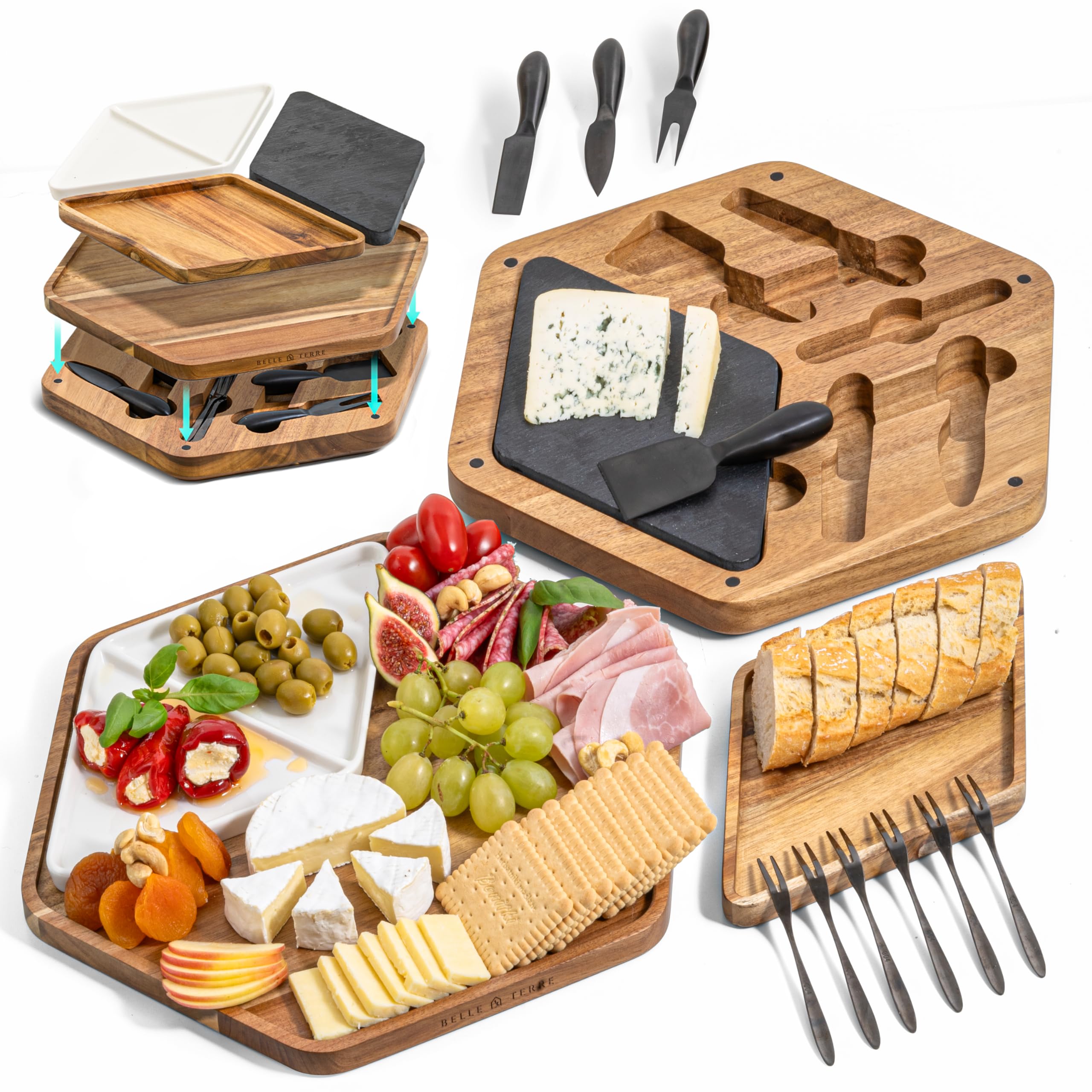 Premium Wooden Cheese Board Set - Charcuterie Serving Platter with Tray, Knives & Forks for Cheese, Crackers, Meats, Fruits & Olives - Perfect Gift for Entertaining, Parties, Wine Tastings & Holiday Gatherings - Elegant Serving Solution for Hosting & Home Decor