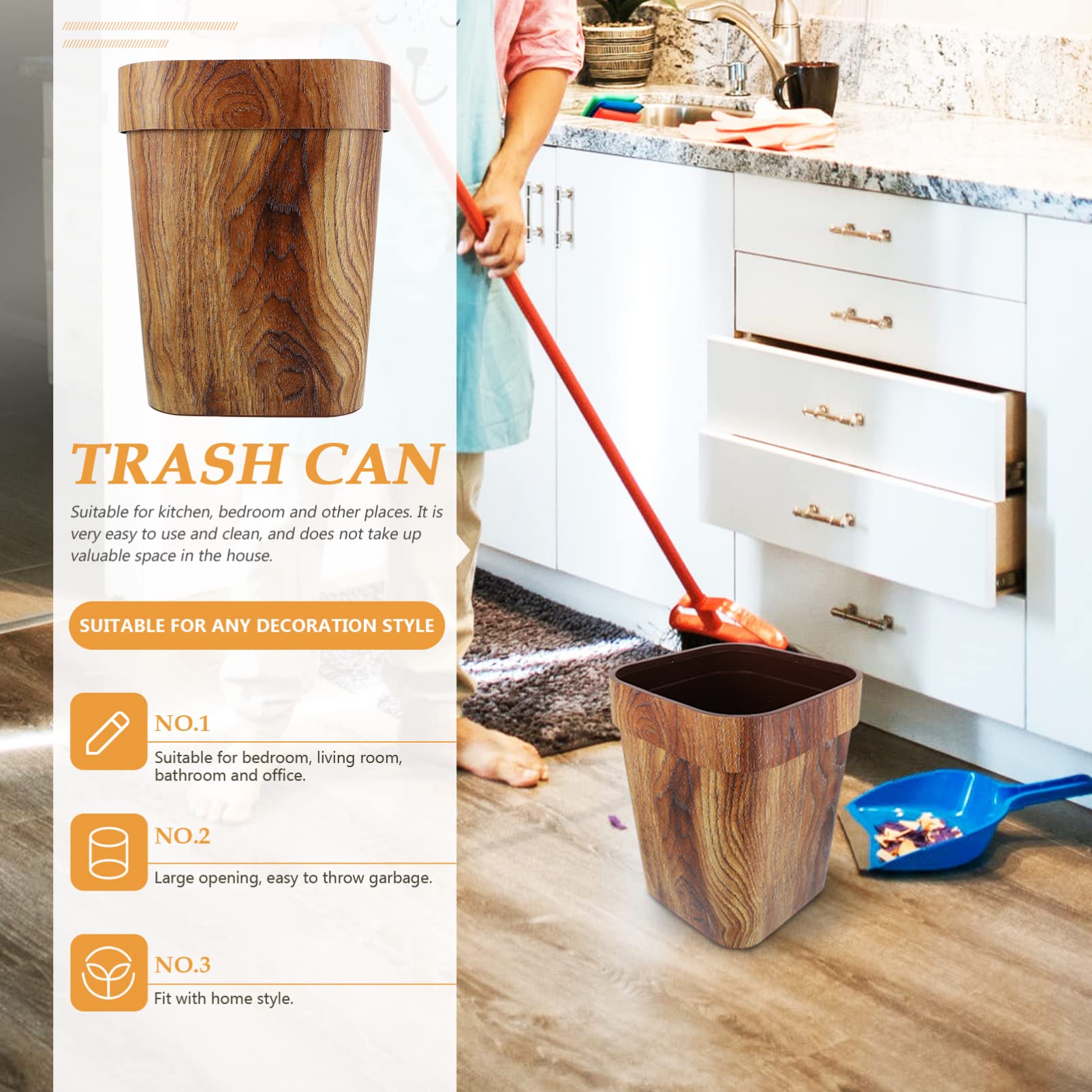 13 Gallon Wood Grain Trash Can - Lidless Waste Basket for Kitchen, Bathroom & Office - Eco-Friendly Wood Look Garbage Bin (11.99x9.43x9.43 Inches) - Perfect for Home, Office & Commercial Spaces