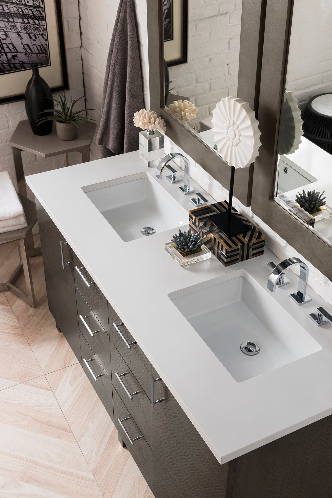 Metropolitan 60 Inch Double Bathroom Vanity with 3CM Classic White Quartz Countertop in Silver Oak Finish - Perfect for Master Bathroom & Modern Home Renovation