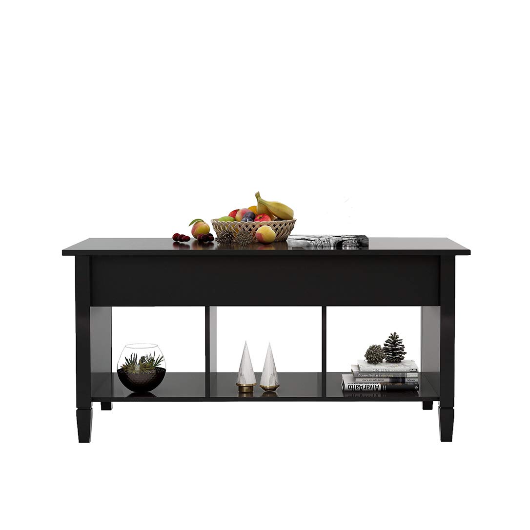 Modern Lift Top Coffee Table with Storage - Solid Wood Convertible Hidden Desk & 3 Open Shelves - Space-Saving Living Room Furniture for Small Apartments, Home Office & Reception Areas (Black)