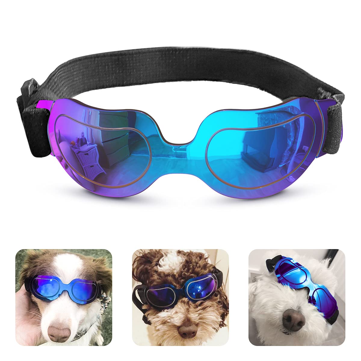 PEDOMUS Dog Sunglasses for Small Dogs - UV Protection Adjustable Dog Goggles with Blue Lens for Walking, Running & Outdoor Adventures