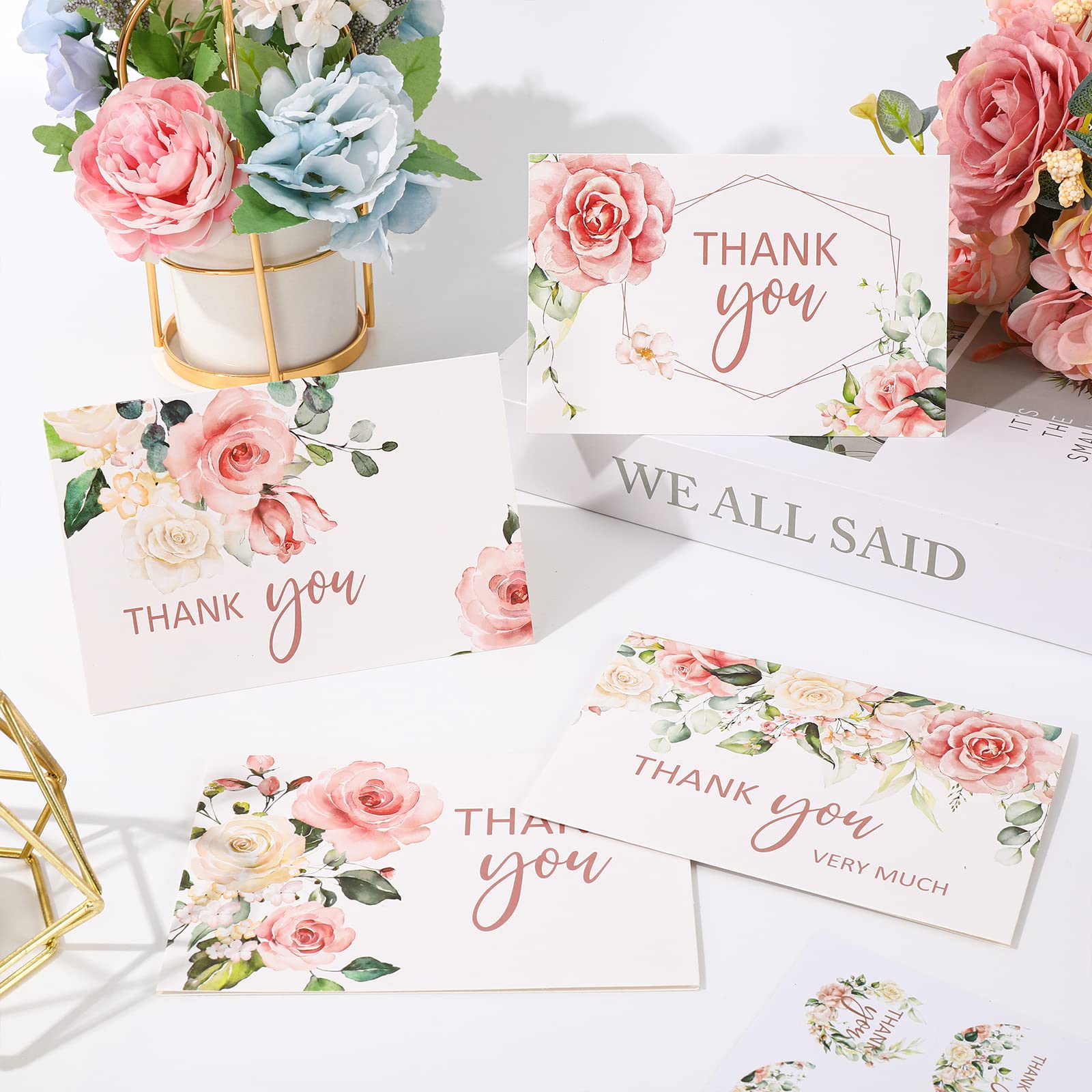 32 Pack Thank You Cards with Envelopes & Stickers - Blush Floral Blank Note Cards (4 Designs, 4x6 Inch) for Wedding, Baby Shower, Bridal Shower, Graduation, Birthday & All Occasions - Bulk Greeting Cards for Gifts, Invitations & Appreciation Notes