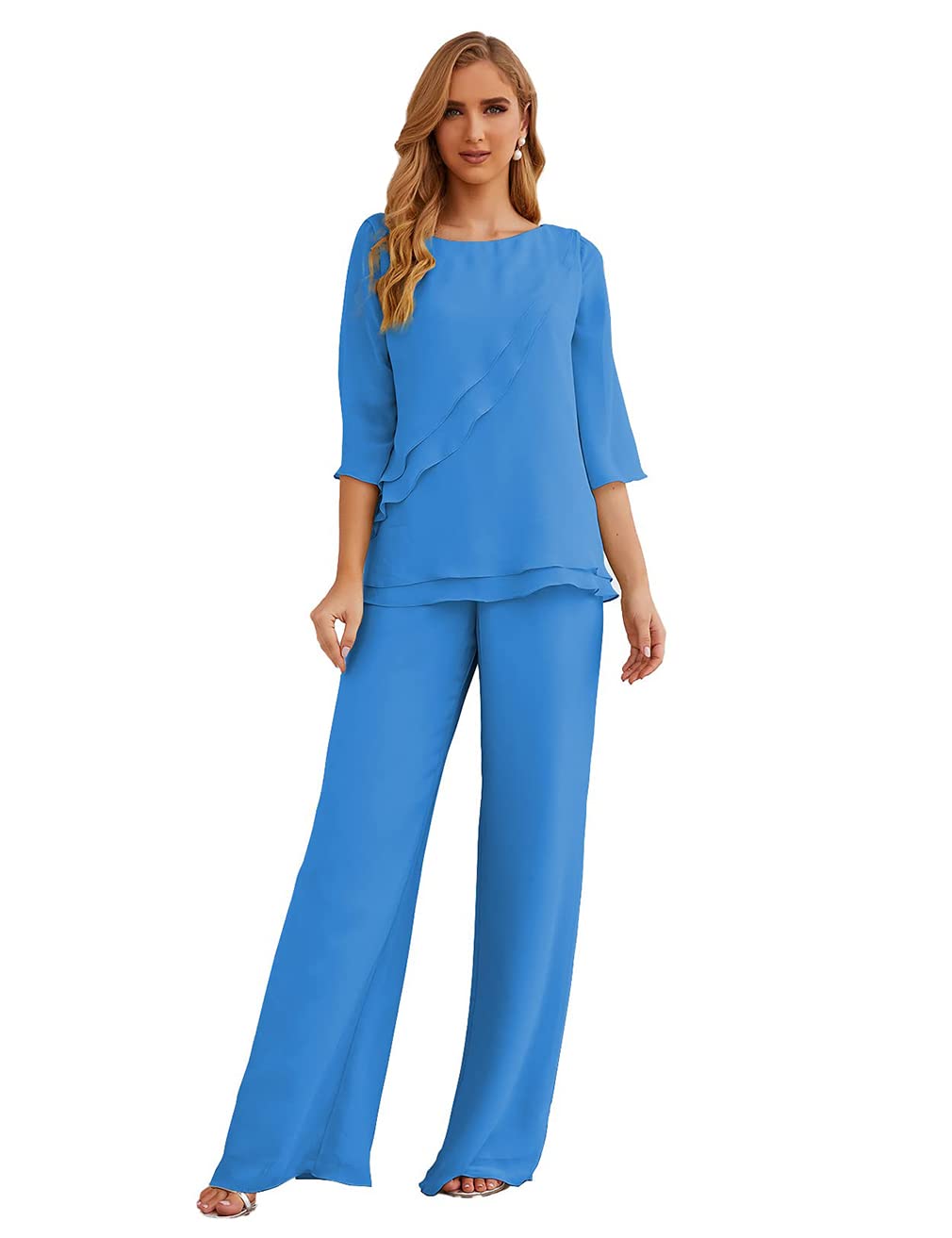 Elegant Women's 2-Piece Chiffon Half-Sleeve Pant Suit Set - Mother of The Bride Outfit & Wedding Guest Dress for Formal Occasions, Parties & Special Events