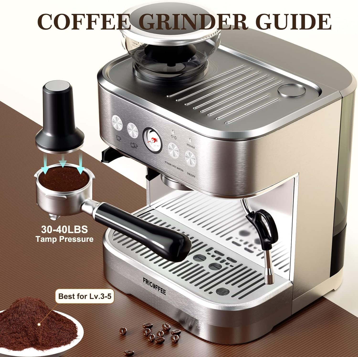 WantJoin Semi-Automatic Espresso Machine with Built-in Grinder & Milk Frother - Stainless Steel Cappuccino Maker for Home Baristas & Coffee Lovers - Perfect for Kitchen, Office, or Small Cafes