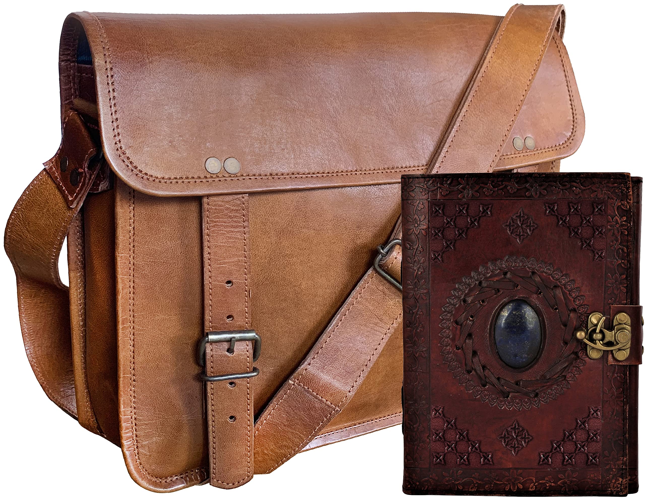 Genuine Leather Crossbody Messenger Bag for 15.6-inch Laptop - Vintage Leather Journal Included - Perfect Work, Office & School Accessory for Men & Women - Ideal for Commuting, Business Travel & College Campus Use
