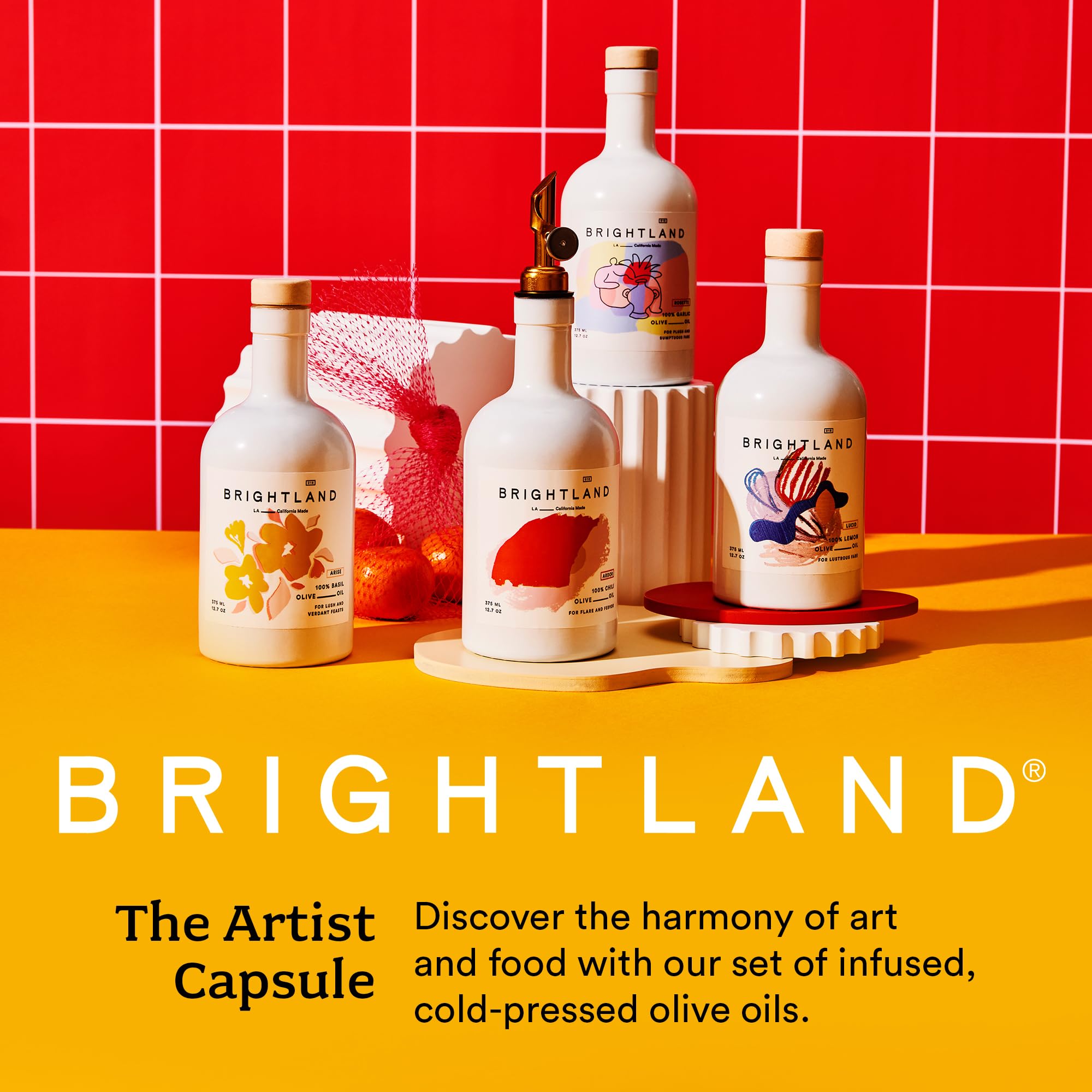 Brightland The Artist Capsule Cold-Pressed Extra Virgin Olive Oil Set - Infused with Garlic, Lemon, Basil & Chili Peppers, 12.7 fl oz (Pack of 4) | Oprah's Favorite Gourmet Cooking Oil for Salads, Pasta & Artisanal Recipes