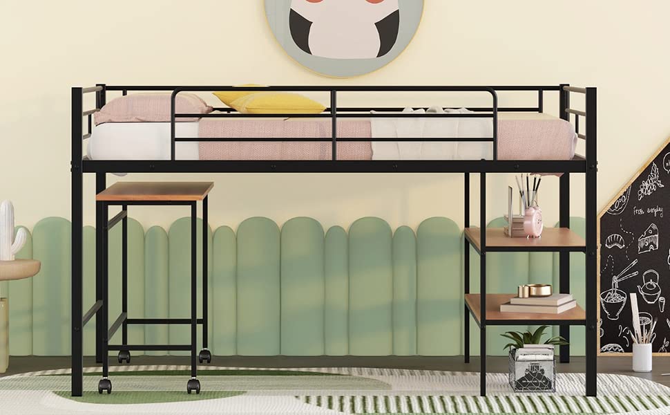 Twin Metal Bunk Bed with Rolling Desk & Ladder - Space Saving Loft Bed for Kids & Teens with 2 Shelves - Perfect for Small Bedrooms, Dorms & Shared Kids Rooms