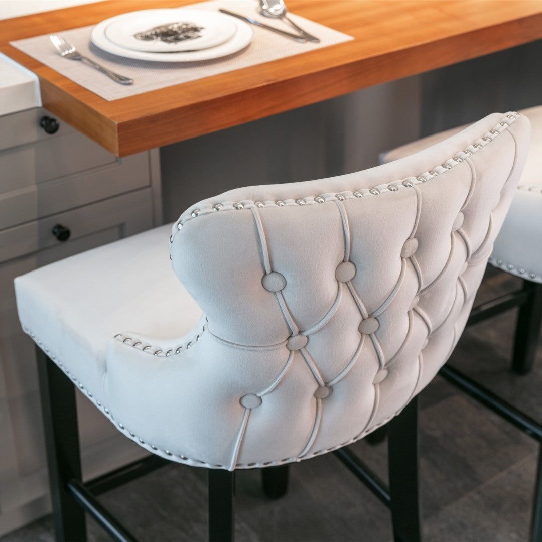 Velvet Upholstered Button Tufted Bar Stools with Wood Legs and Studs - Set of 4 Beige Counter Height Stools for Kitchen Island, Breakfast Bar & Home Decor
