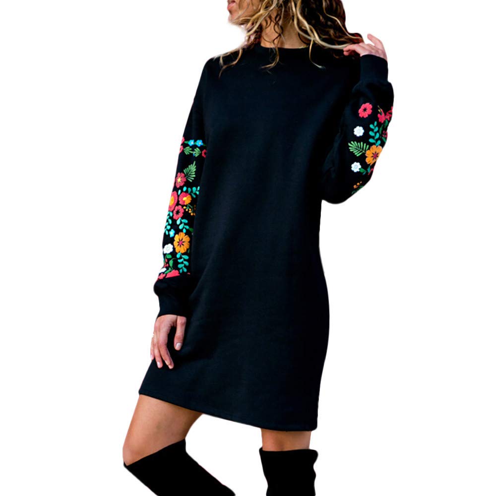 Women's Floral Long Sleeve Sweatshirt Dress - Round Neck Shift T-Shirt Mini Dress for Fall 2022 | Casual Outfit for Work, Date Night & Autumn Walks