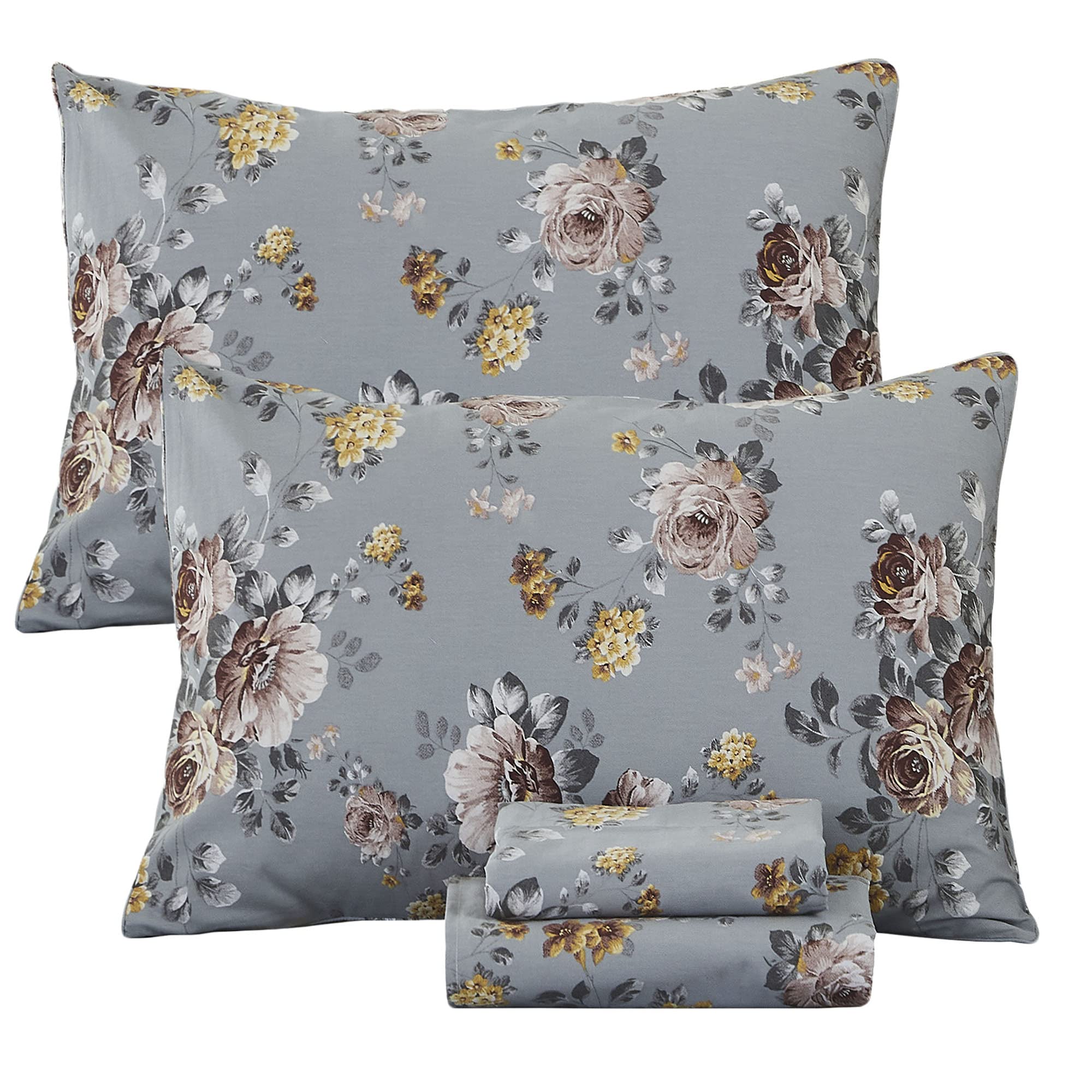 FADFAY 100% Brushed Cotton King Size Sheet Set - 4 Piece Shabby Chic Grey Floral Bedding with Elegant Peony & Vintage Rose Design, Ultra Soft Deep Pocket Fitted Sheets for Farmhouse Style Bedrooms | Perfect for Guest Rooms, Master Bedrooms & Cozy Home Decor