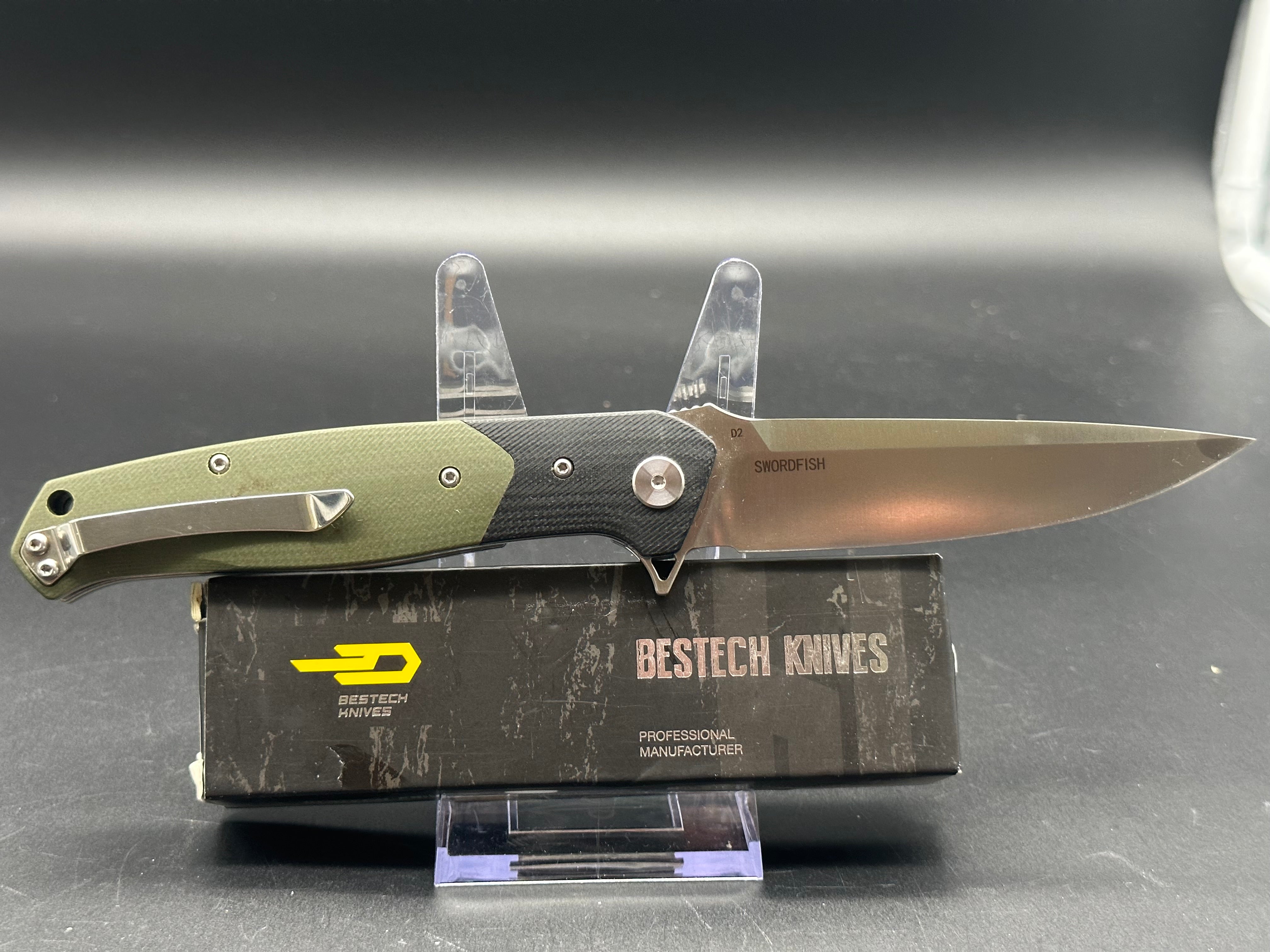 BESTECH SWORDFISH BG03A Tactical Folding Knife - D2 Steel Blade, Black & Green G10 Handle - EDC, Camping, Survival, Outdoor Adventures