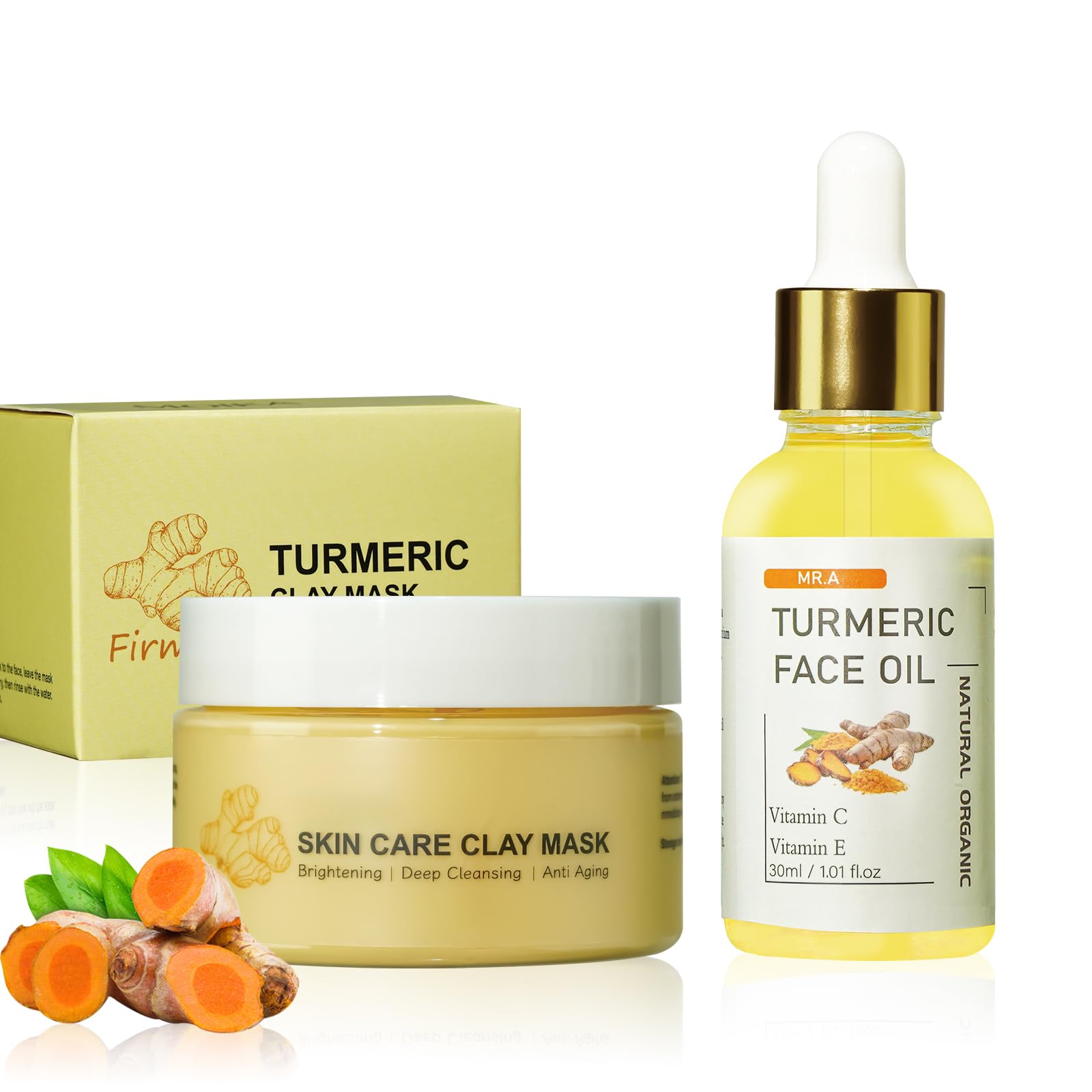 Turmeric Face Clay Mask & Turmeric Oil Skincare Kit - Vitamin C Deep Cleansing Facial Mask for Pores, Overnight Face Mask, Turmeric Face Oil for Dry Skin & Serum for Dermaplaning - Perfect for Nighttime Skincare Routine & Glowing Complexion