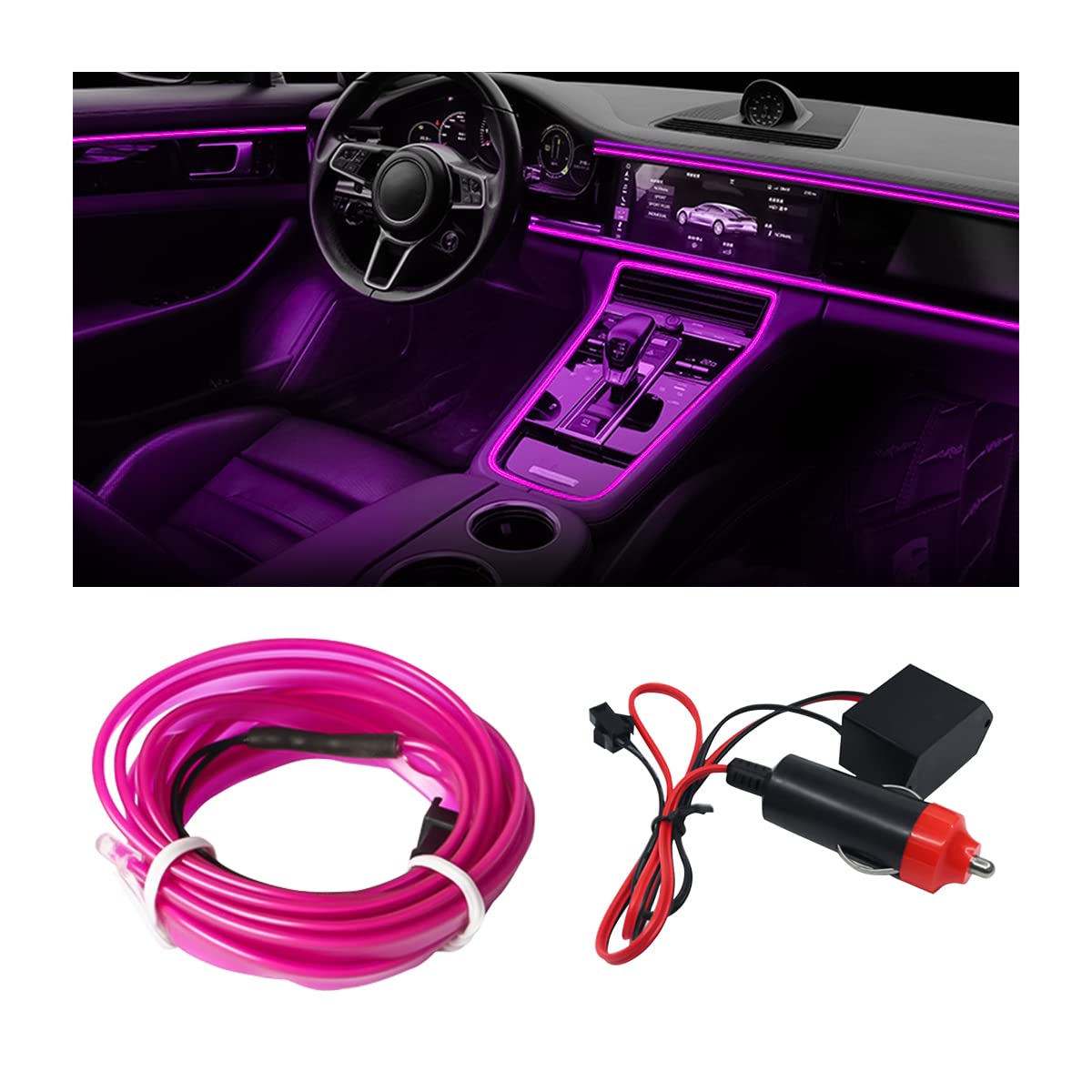 EL Wire Car Interior LED Strip Lights - 16FT Purple Neon Light with Sewing Edge for Auto Cigarette Lighter | Electroluminescent Ambient Lighting Kit with Fuse Protection | Perfect for Car Decoration, Night Driving & Party Vibes