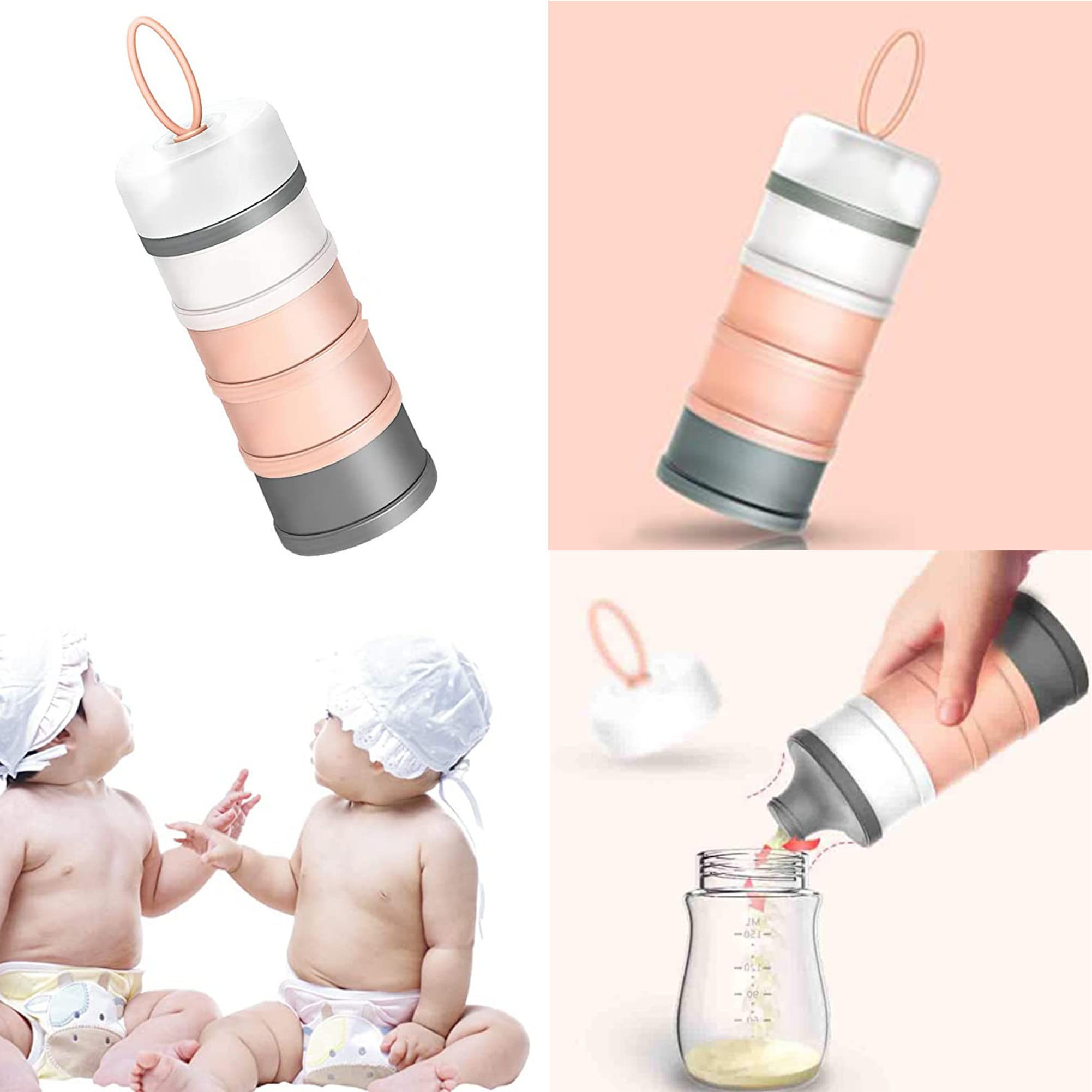4-Layer Baby Formula Dispenser - Stackable Travel Milk Powder Container with 4 Spill-Proof Compartments | Portable Baby Feeding Storage for On-the-Go Parents | Perfect for Diaper Bags, Strollers & Travel (Pink)
