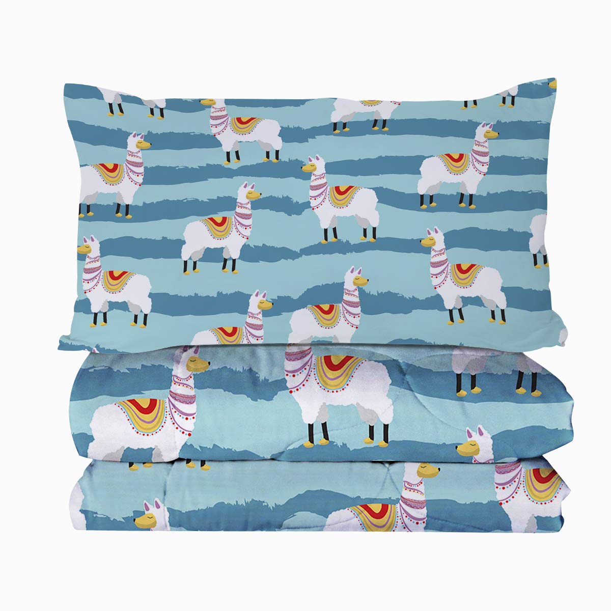 BlessLiving 3-Piece Cartoon Alpaca & Llama Comforter Set - Blue Stripes Boho Southwestern Bedding, Twin/Twin XL Size, Soft & Machine Washable - Perfect for Kids' Rooms, Dorm Decor & Cozy Bedroom Makeovers