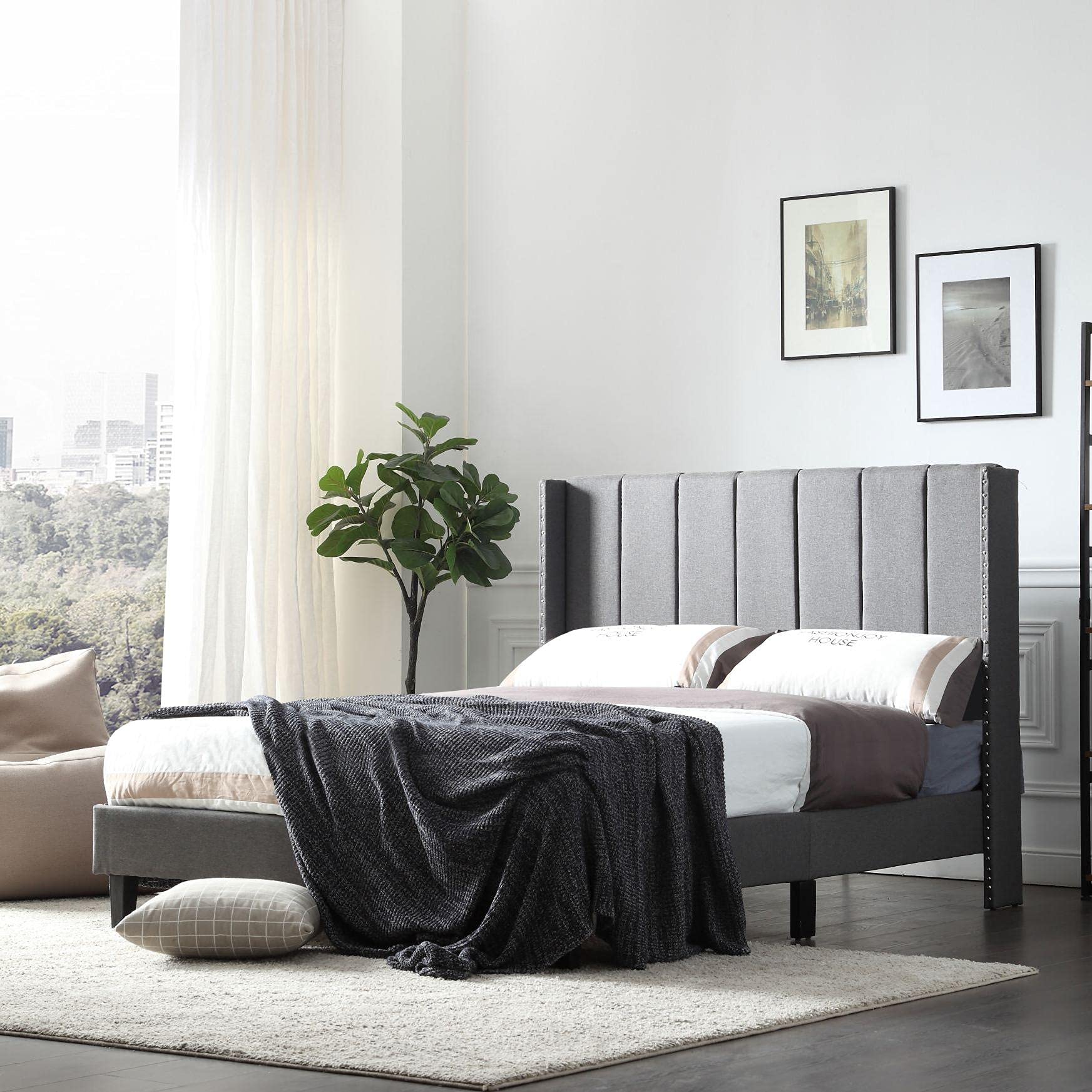 Modern Upholstered Full Size Bed Frame with Headboard - Wood Slat Support Faux Leather Platform Bed - No Box Spring Needed - Easy Assembly (Grey) - Perfect for Guest Rooms, Dorms & Small Apartments