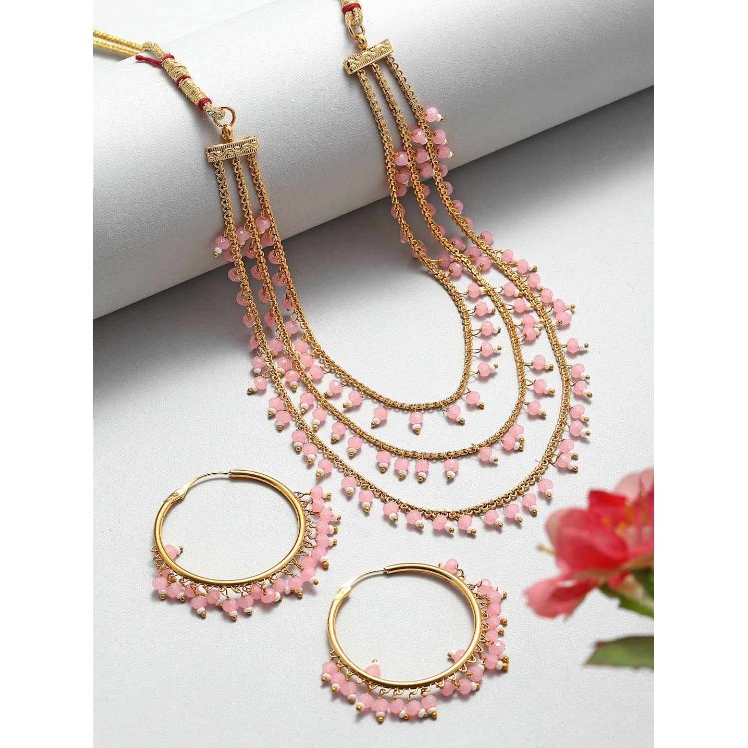 KENNICE 3-Layer Multi-Color Pearl Gold-Plated Necklace & Earrings Set for Women | Traditional Bridal Jewelry, Party Accessories, Gift for Her, Anniversary Present