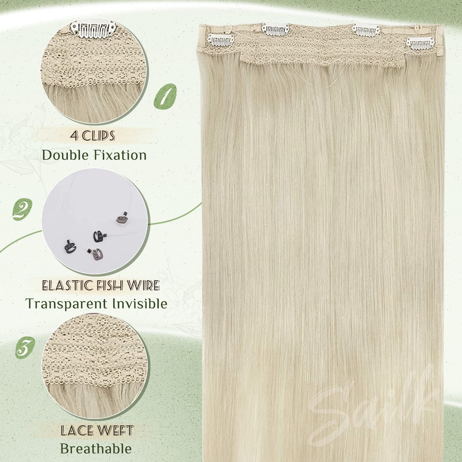 Platinum Blonde Real Human Hair Wire Extensions 16 Inch 80g - Invisible Fish Line Hairpieces for Seamless Blending | Perfect for Parties, Weddings & Everyday Styling