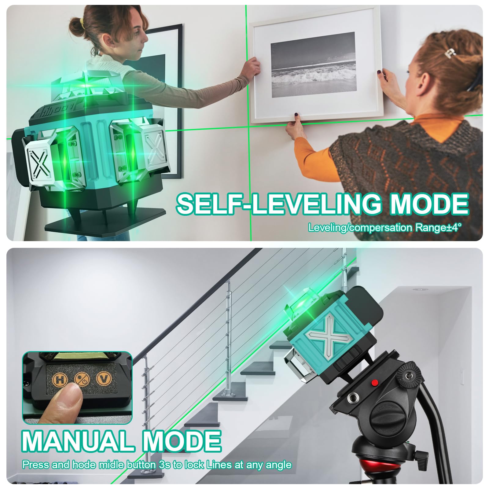 16-Line 360° Self-Leveling Laser Level - 4D Green Cross Line Laser Level for Construction, Picture Hanging & DIY Projects | Includes 2 Batteries, Magnetic Bracket & Remote Control | Perfect for Wall Mounting, Tile Installation & Home Renovation