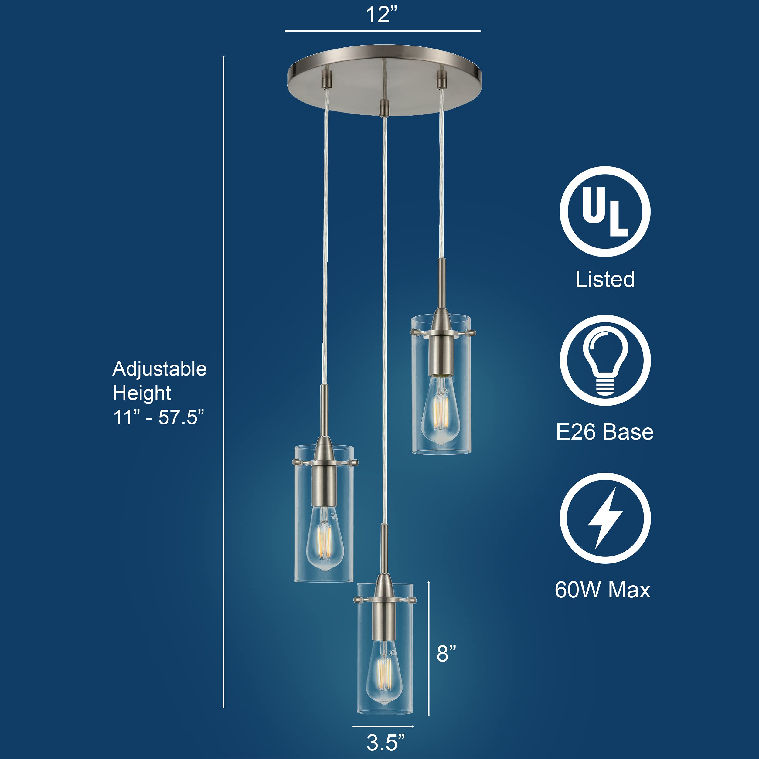 Liara Effimero 3-Light Cluster Pendant - Modern Brushed Nickel Chandelier for Foyer, Entryway & Staircase - Elegant Lighting Solution for High Ceilings & Stairwells - Perfect for Contemporary Home Decor & Interior Design