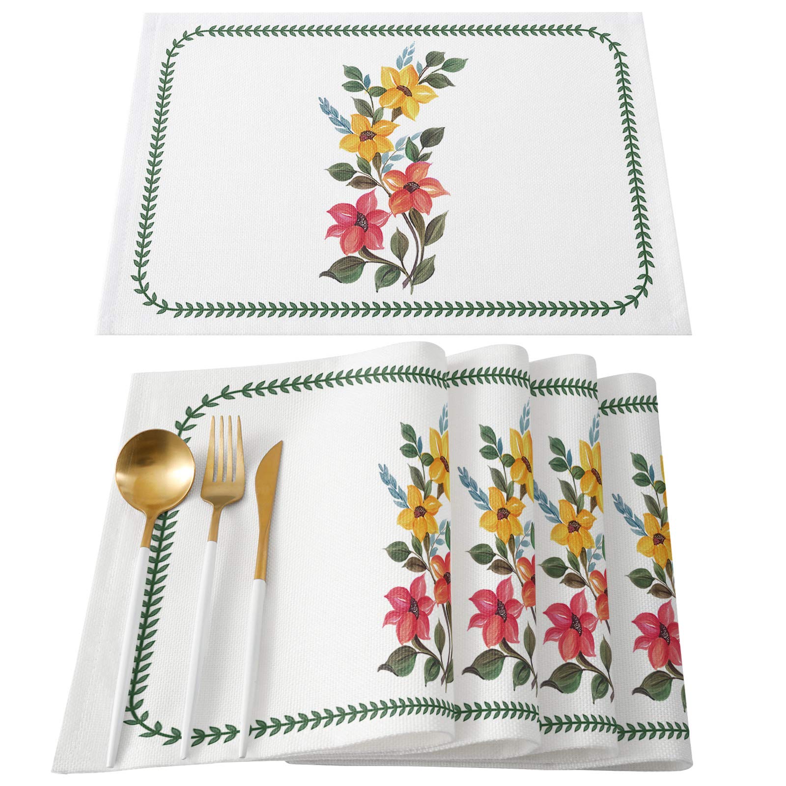 LBCASA 4-Pack Waterproof Placemats - Clematis Floral Design Wipeable Table Mats for Dining & Kitchen - Leaf Swirl Pattern | Perfect for Everyday Meals, Dinner Parties & Home Decor