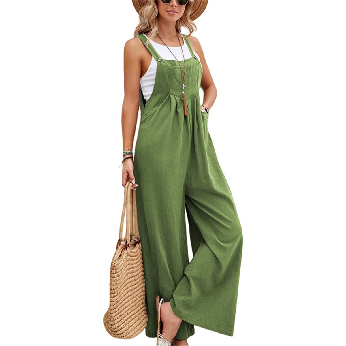Women's Wide Leg Casual Summer Jumpsuit - Sleeveless Romper with Pockets & Adjustable Straps | 2024 Trendy Overalls for Beach, Vacation & Everyday Wear