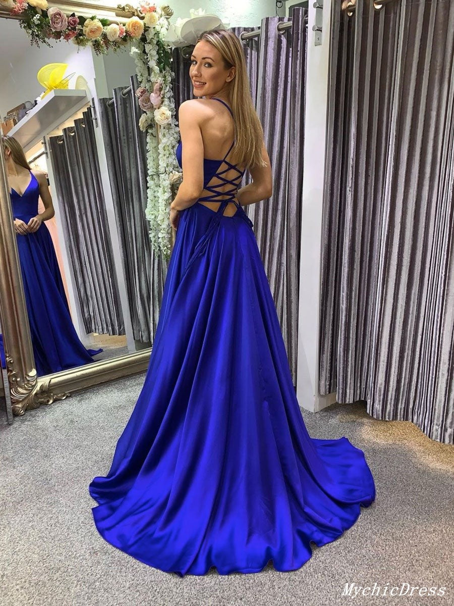 Elegant Long Blue Chiffon Prom Dress with V-Neck | UK Evening Gowns for Formal Events & Dances | Perfect for Prom Night, Homecoming, and Special Occasions