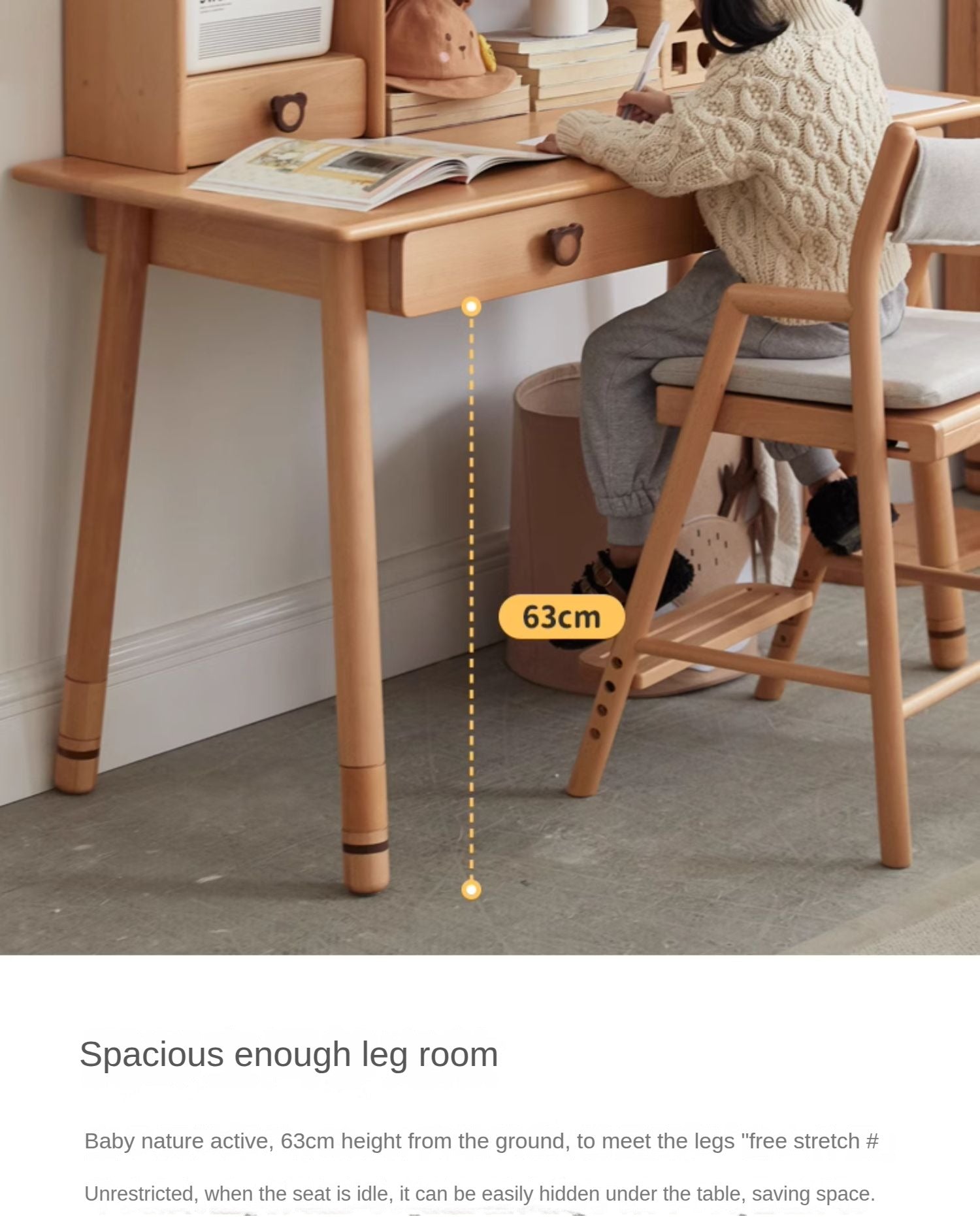Solid Wood Kids Study Desk - Beech & Oak Wooden Children's Writing Table for Homework & Drawing | Perfect for Bedroom, Homeschool & Classroom Use
