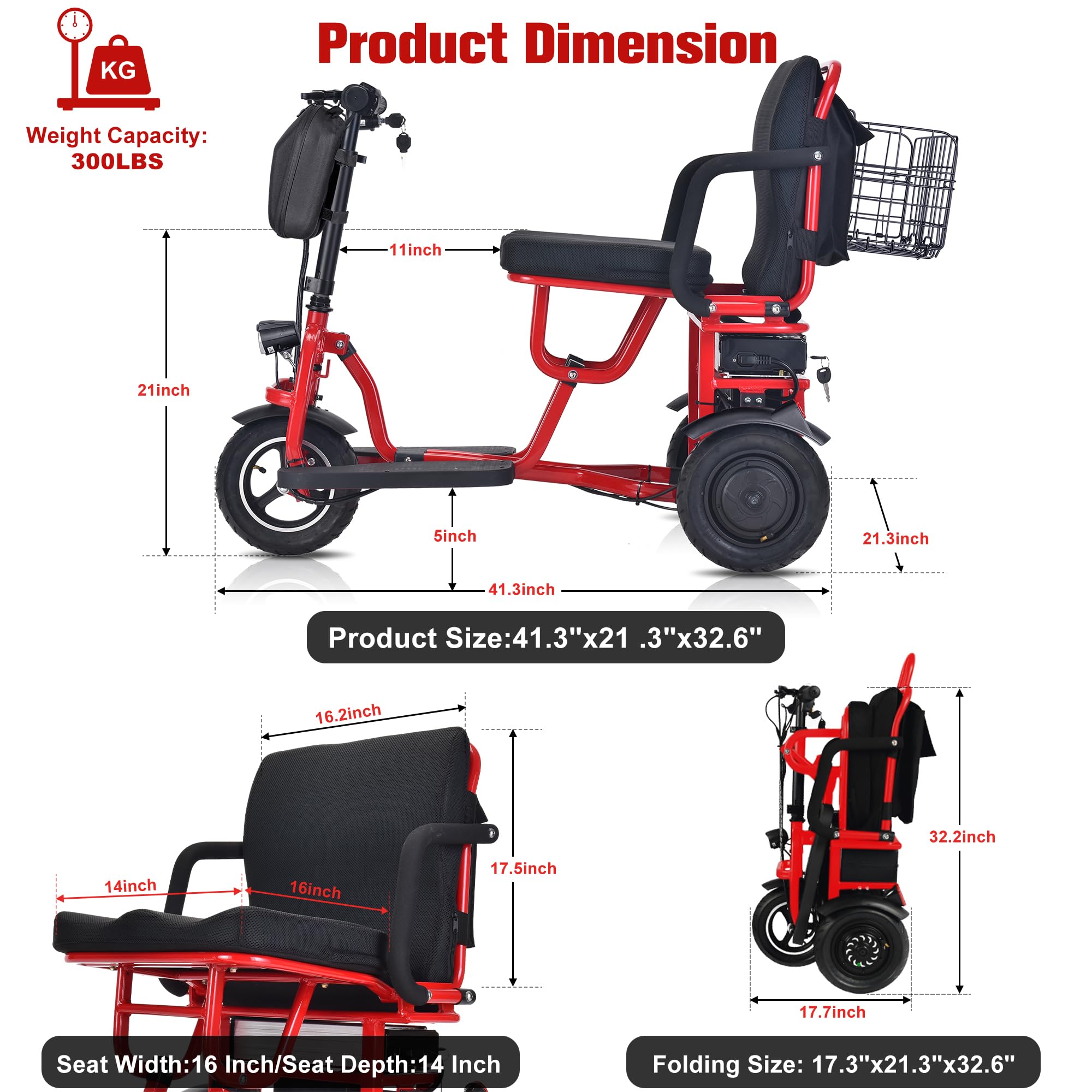 3-Wheel Folding Electric Mobility Scooter for Adults & Seniors - Lightweight Travel Scooter with Basket, 300lb Weight Capacity, 20-Mile Range (Red) - Perfect for Shopping, Travel & Outdoor Activities