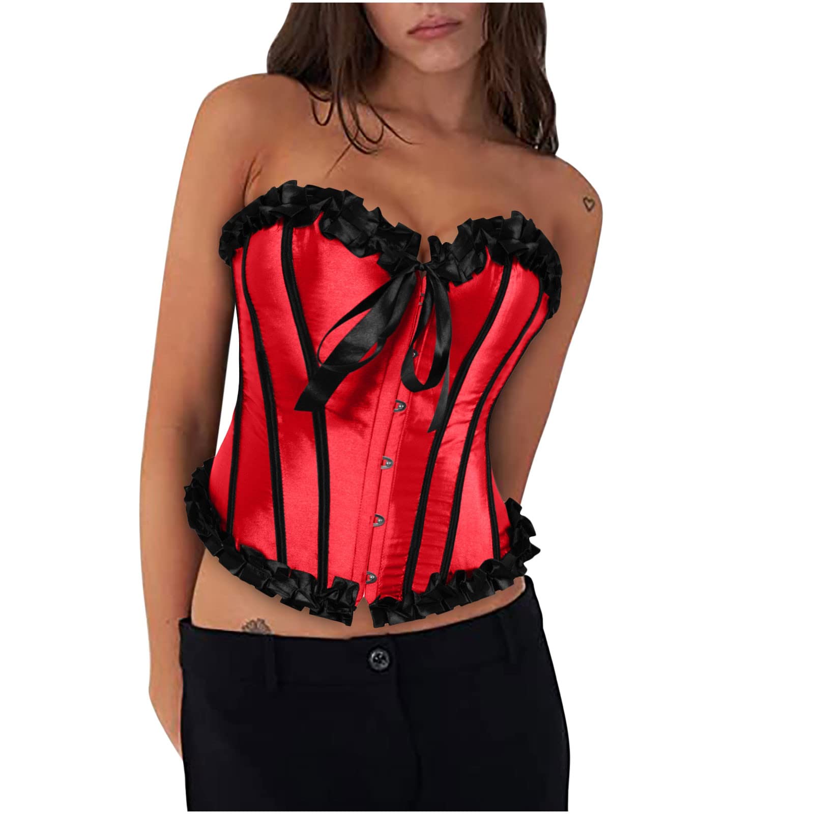 Women's Lace Boned Corset - Overbust Body Shaper Bustier with Satin Brocade Detail | Sexy Shapewear for Waist Training, Burlesque, Cosplay & Special Occasions