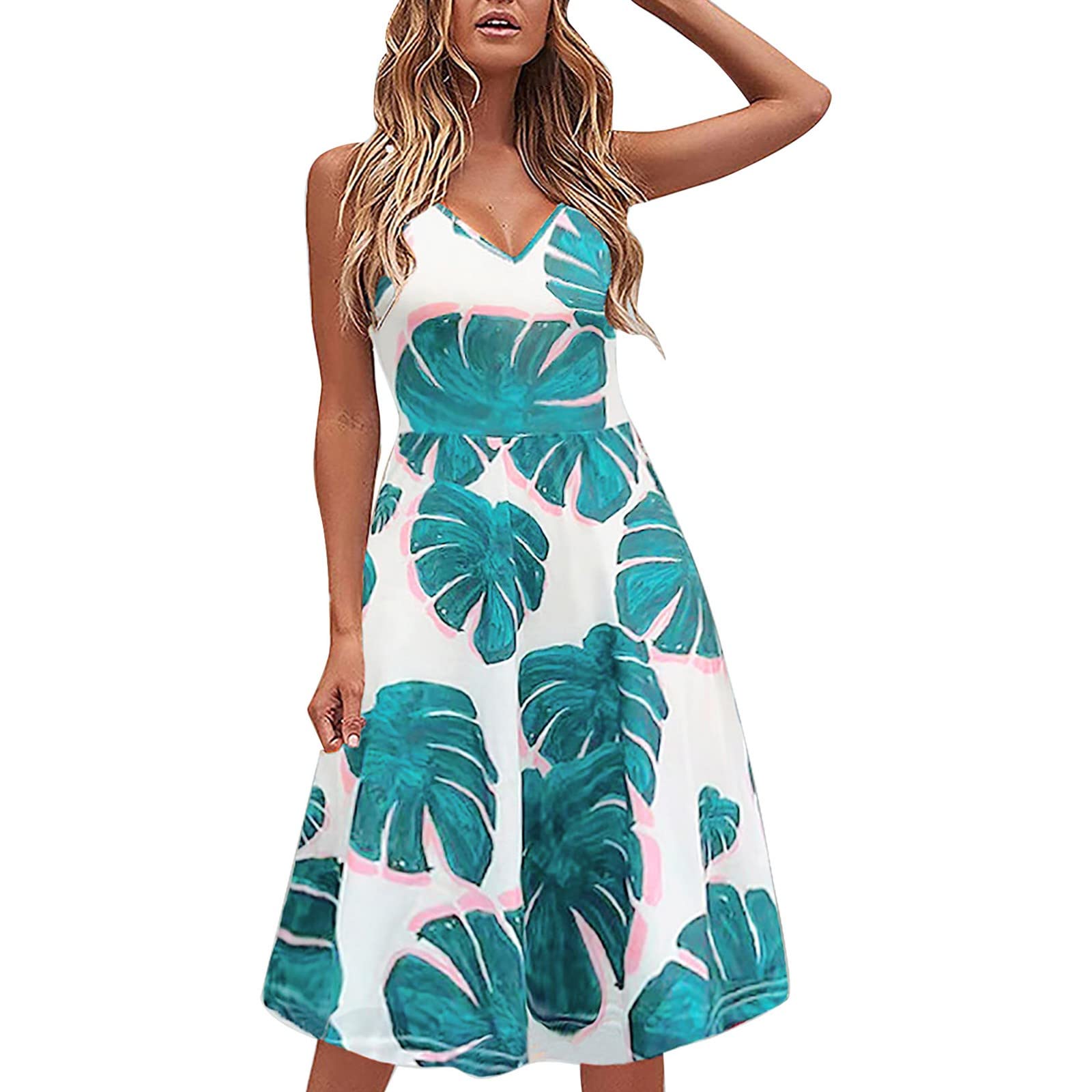 Plus Size Bodycon Dress for Women - Slim Fit Summer Dress with Leaf Print & Ruffle Hem, Casual Sling Mini Dress for Party, Date Night & Vacation