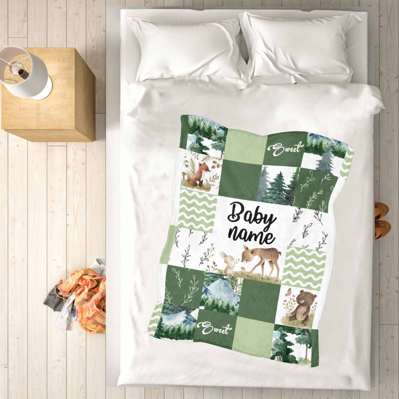 Custom Personalized Baby Blanket with Name - Super Soft Fleece Blanket for Newborns, Girls & Boys | Green Woodland Bear Fox Deer Design | Perfect Baby Shower Gift & Nursery Essential