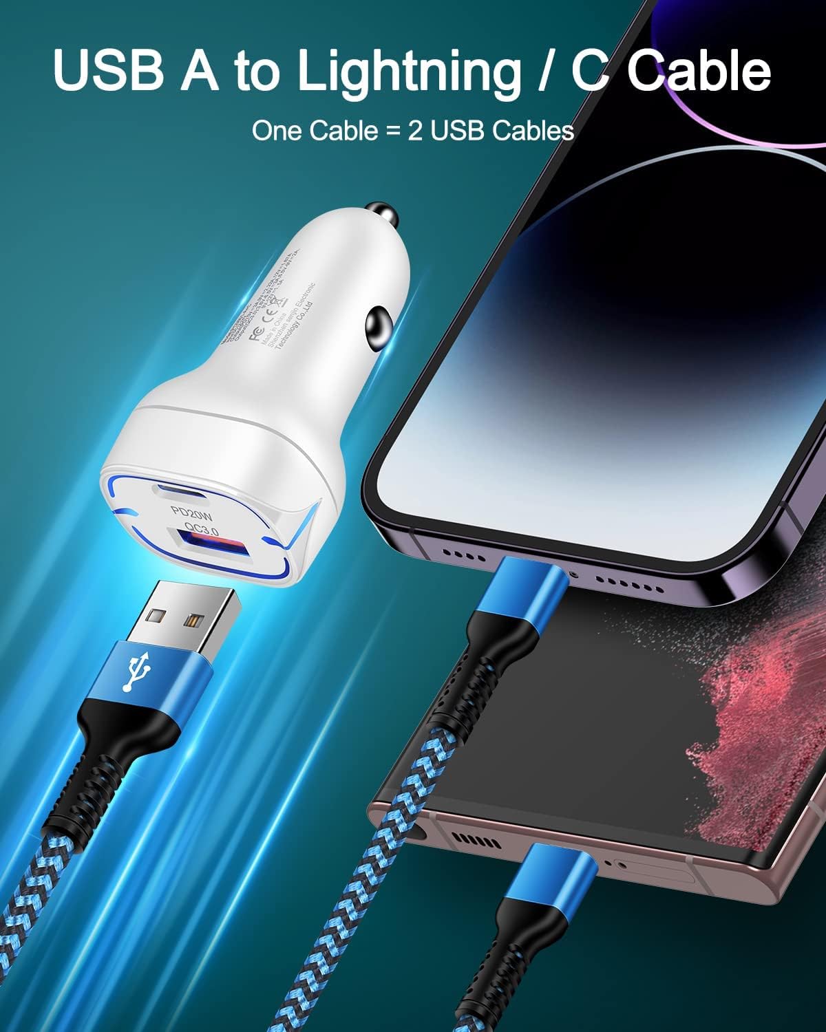 Haoano iPhone Charger Cable 2-in-1 USB to Lightning & USB-C Fast Charging Cable for iPhone 14/13/12/11/X/8 - Perfect for Home, Office, and Travel Use