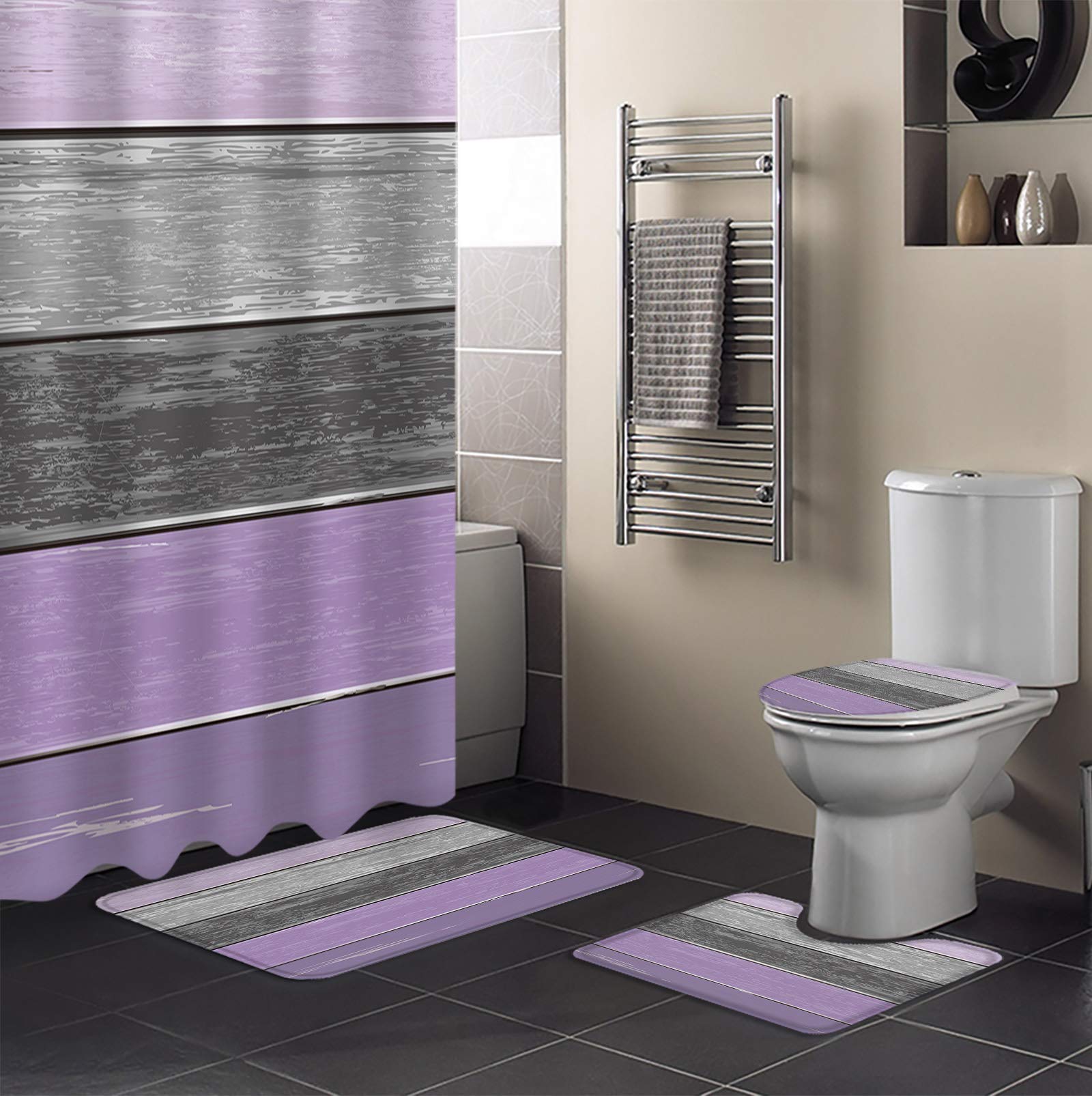 Vintage Farmhouse 4-Piece Bathroom Set - Purple Gray Gradient Wood Grain Waterproof Shower Curtain with Hooks, Non-Slip Rugs, Toilet Cover & U-Shaped Bath Mat | Home Decor for Rustic, Country Style Bathrooms